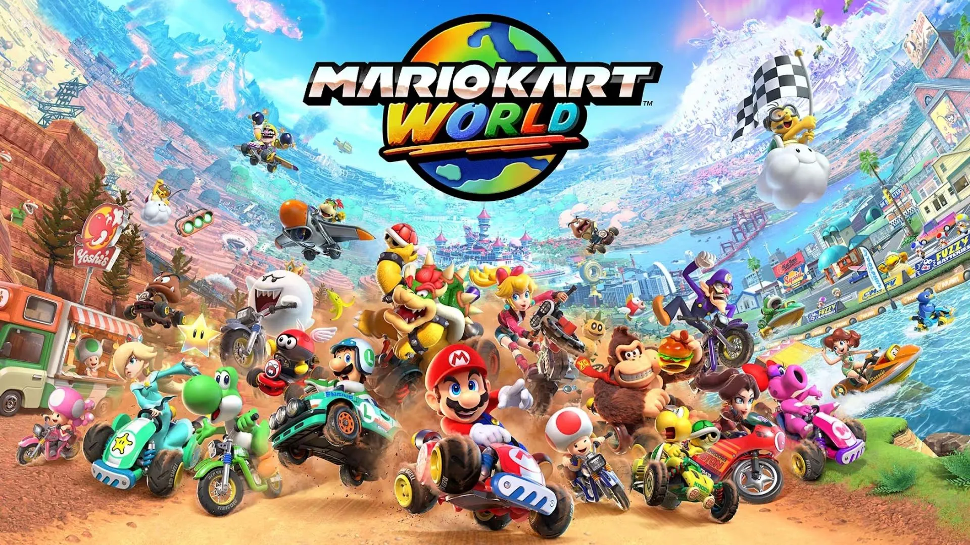 Mario, Luigi và Peach trong cuộc đua kịch tính của Mario Kart World