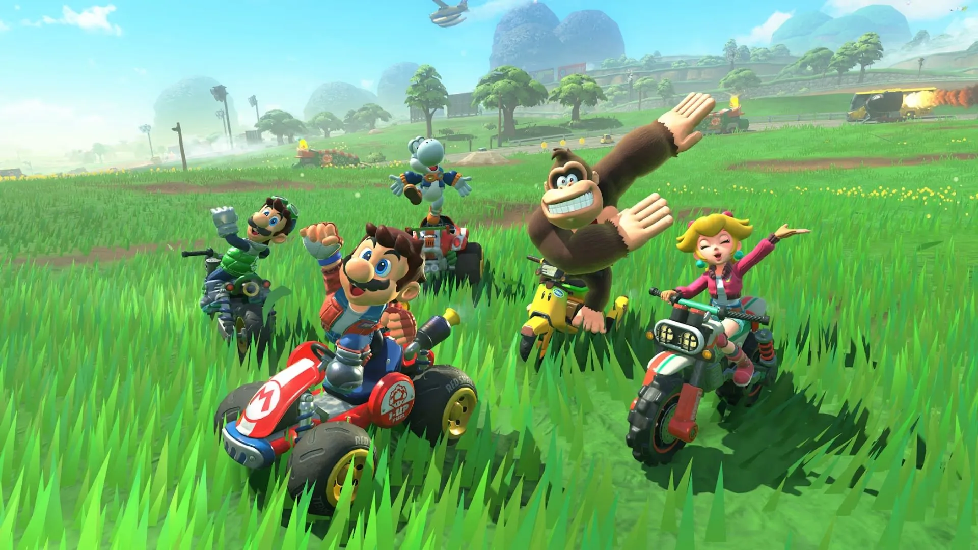 Một tay đua thực hiện pha nhảy ngoạn mục trong Mario Kart World