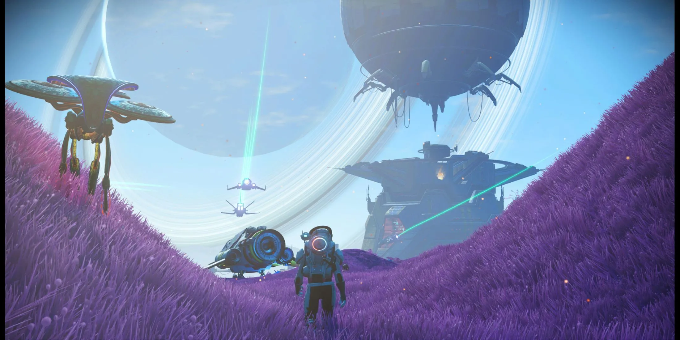 Phi thuyền và công trình xây dựng của người chơi nhìn từ xa trên bề mặt hành tinh No Man's Sky