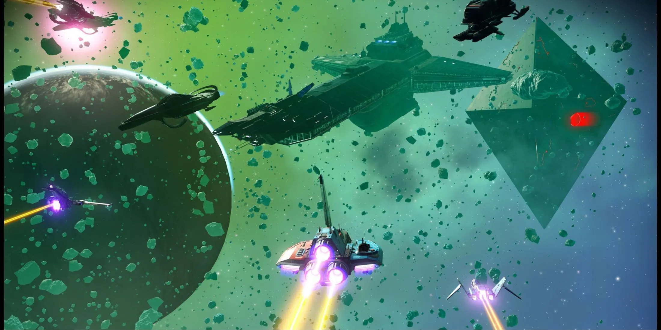 Tàu tuần dương khổng lồ của game thủ No Man's Sky lướt trên không gian rộng lớn