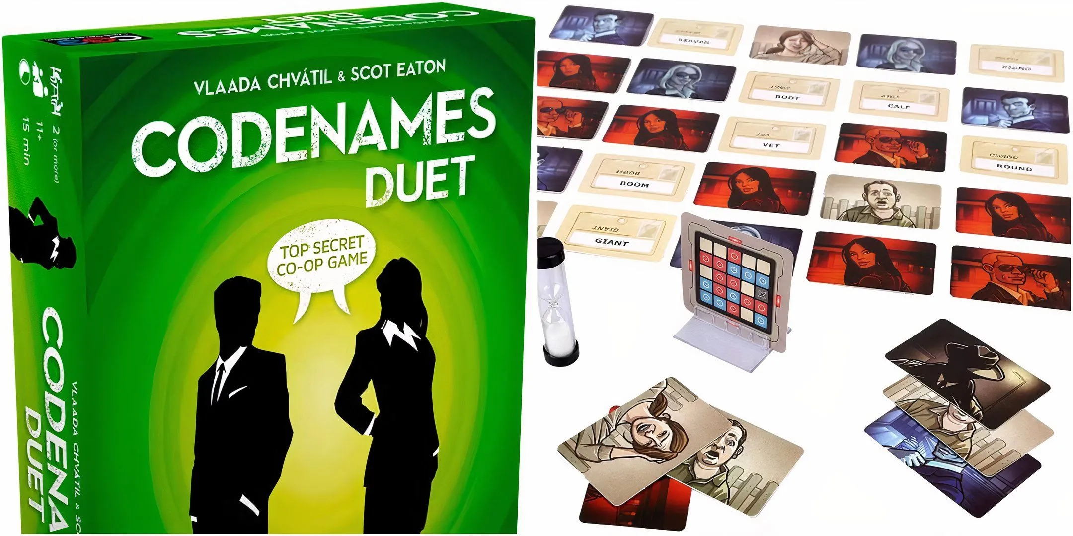 Bìa game Codenames Duet và bàn chơi với các thẻ từ khóa, gợi lên không khí giải mã và truyền tin bí mật.