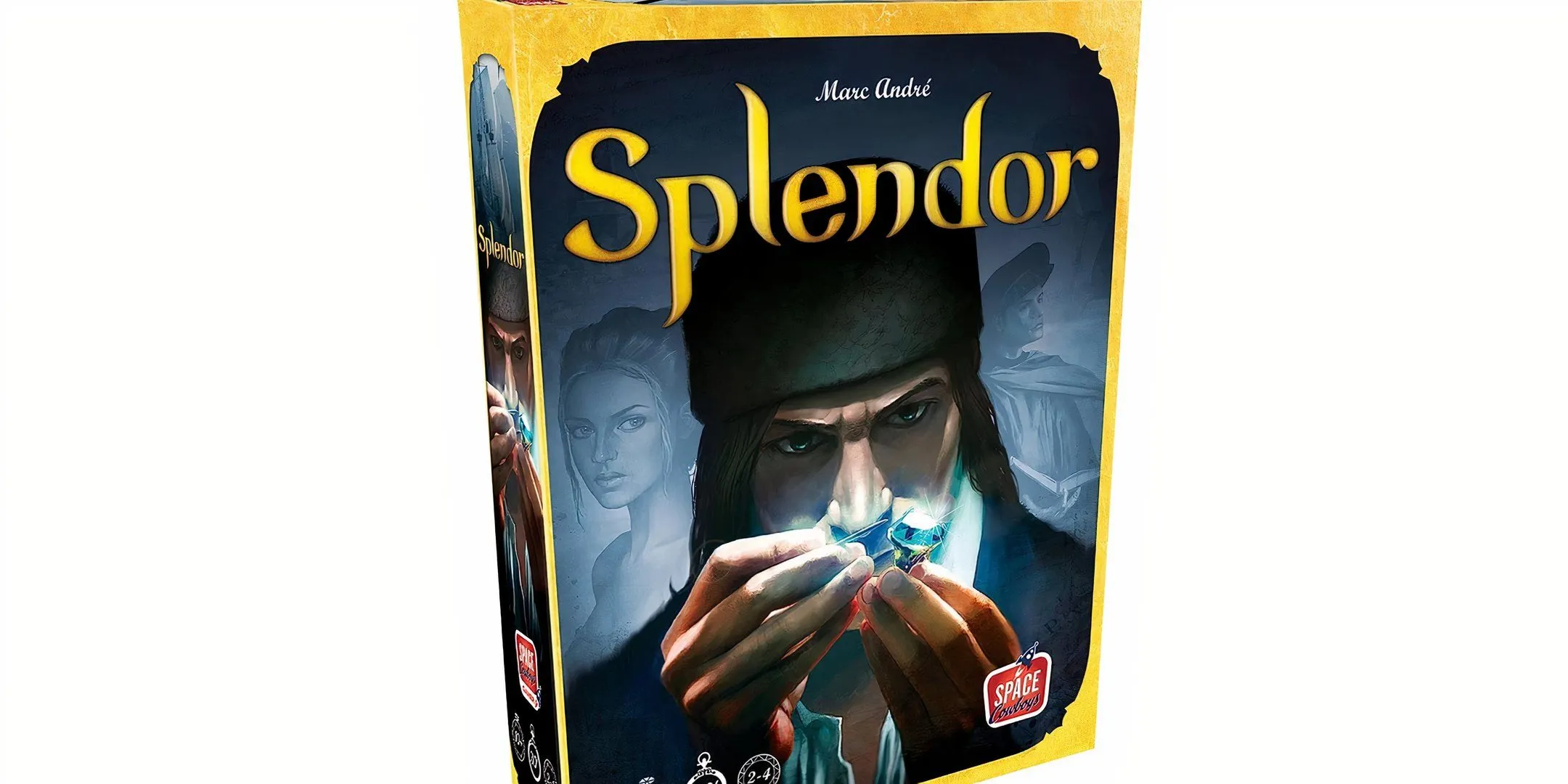 Bìa hộp board game Splendor, minh họa người thợ kim hoàn và các viên đá quý.