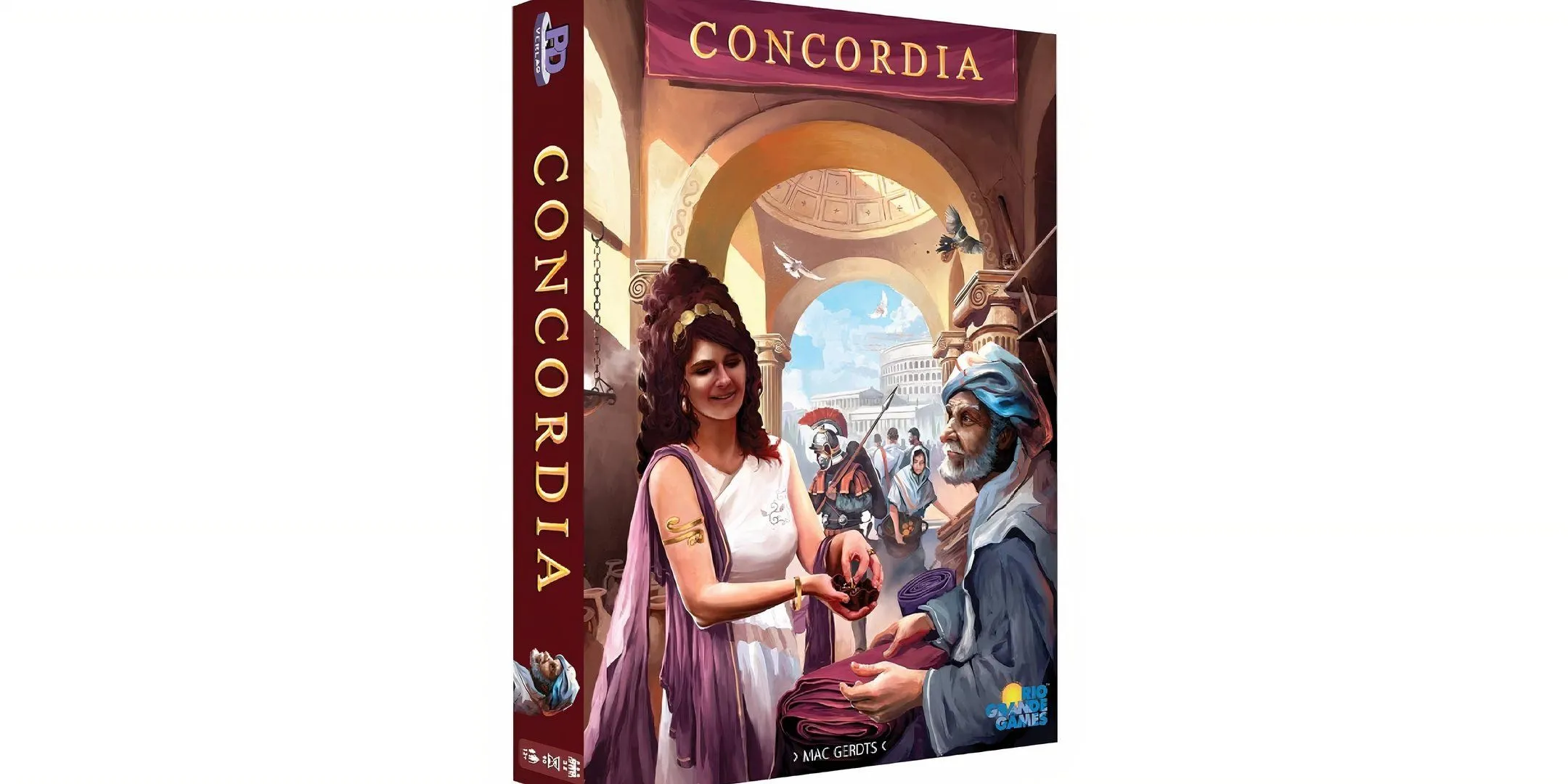 Bìa hộp của board game Concordia, thể hiện chủ đề đế chế La Mã và thương mại.