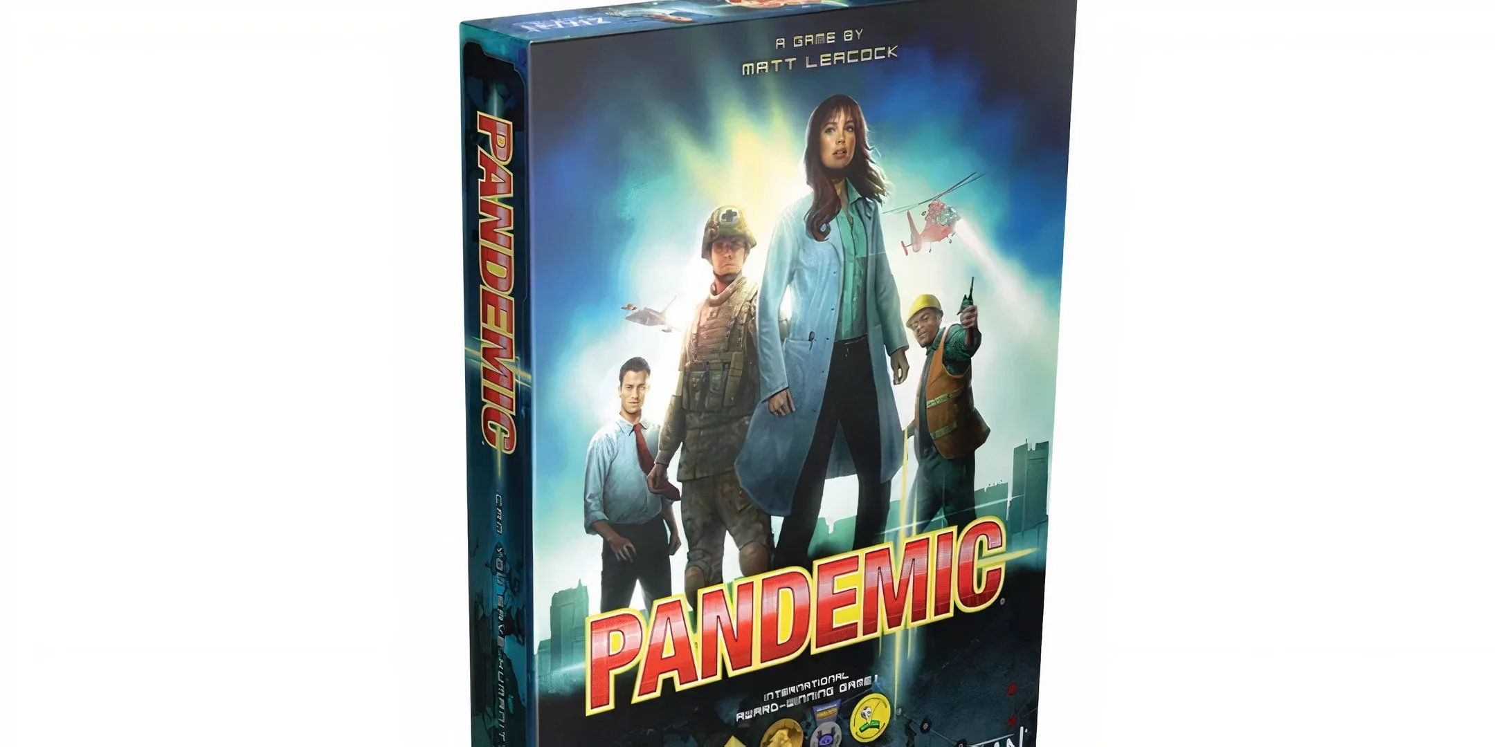 Bìa hộp game cờ bàn Pandemic với hình ảnh các nhà khoa học đang chống dịch bệnh toàn cầu.