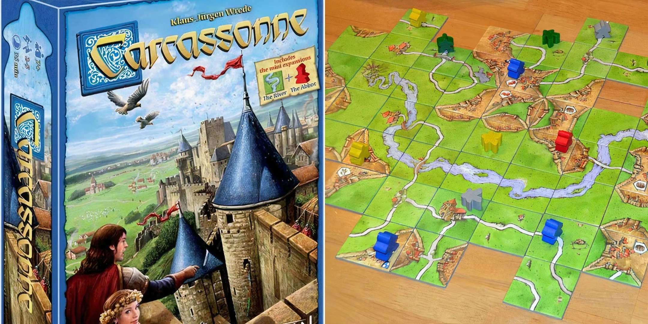 Bìa hộp và các ô địa hình của board game Carcassonne, minh họa cơ chế đặt gạch.