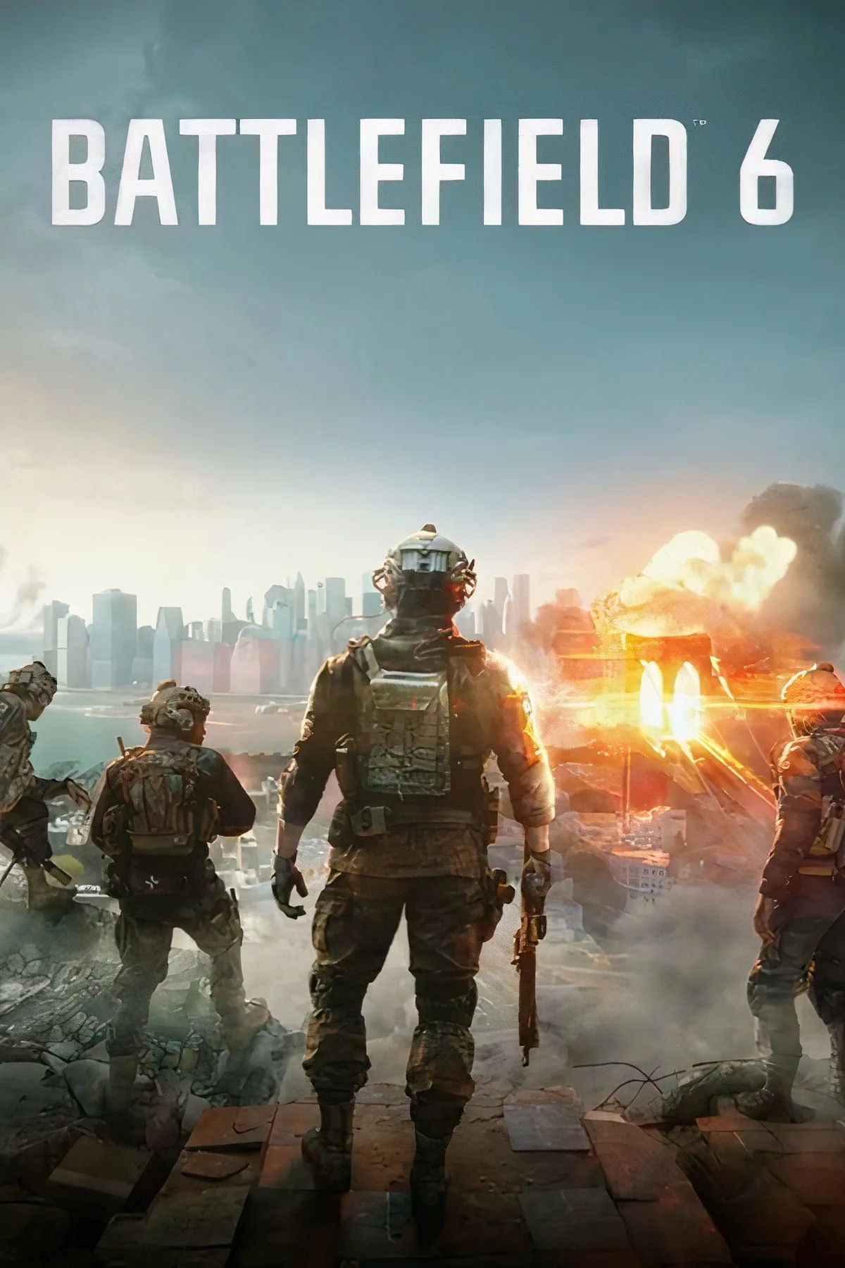Bìa quảng bá game Battlefield 6 với hình ảnh chiến trường khốc liệt, binh lính thực tế