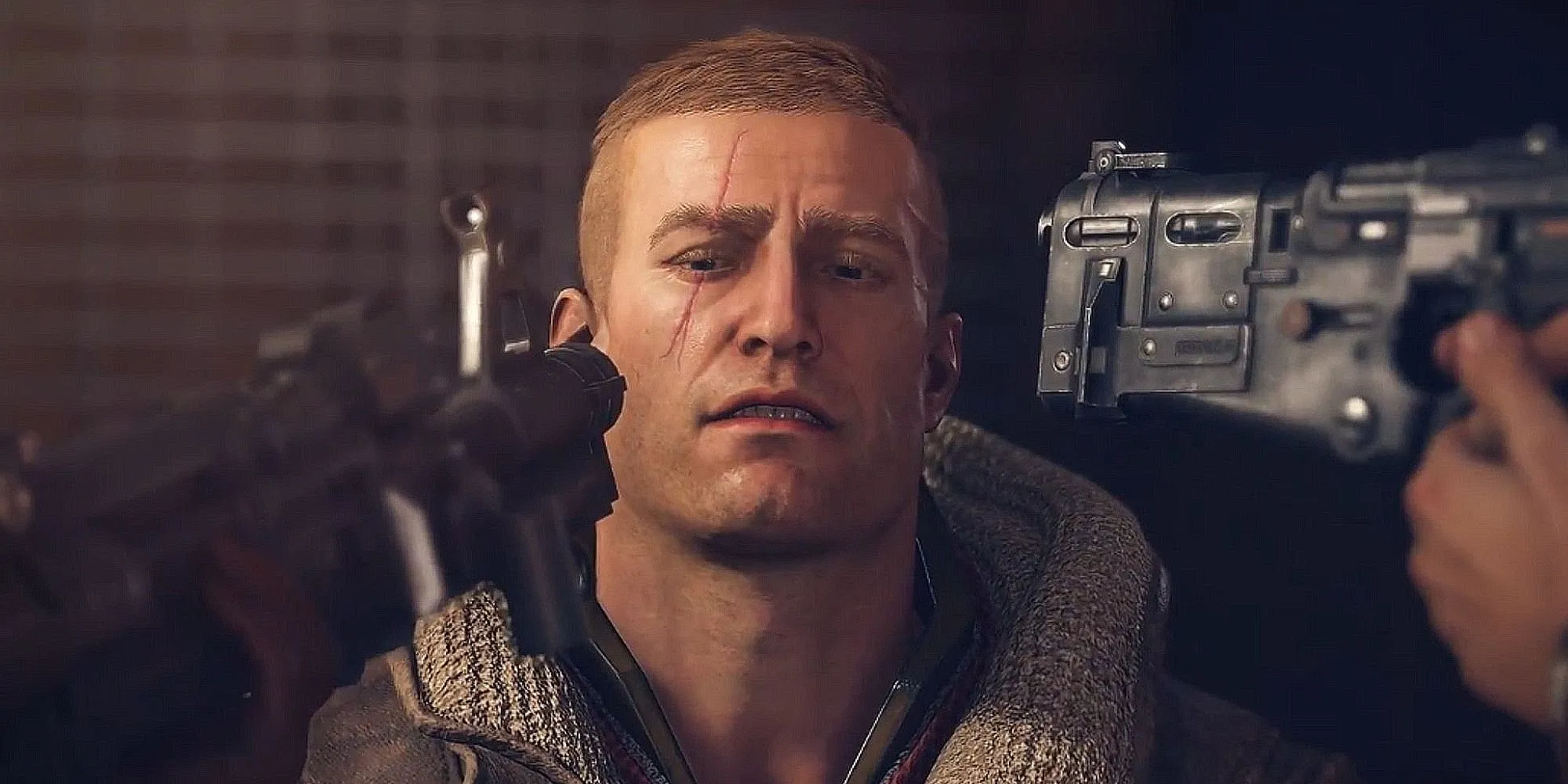 BJ Blazkowicz bị chĩa súng vào đầu trong Wolfenstein: The New Order.