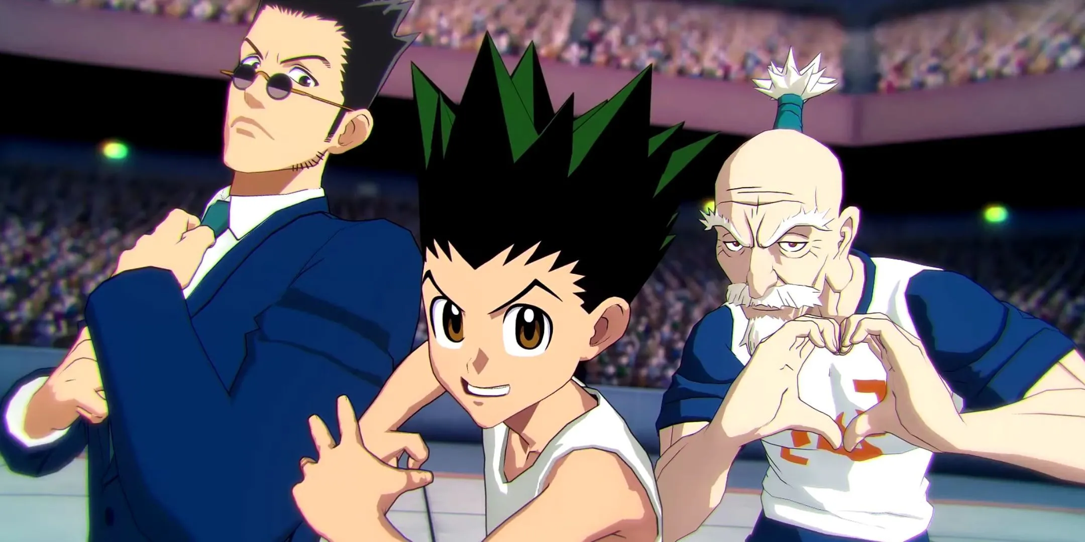 Bộ ba Leorio, Gon và Netero trong một cảnh chiến đấu của Hunter x Hunter: Nen x Impact, minh họa lối chơi đồng đội.