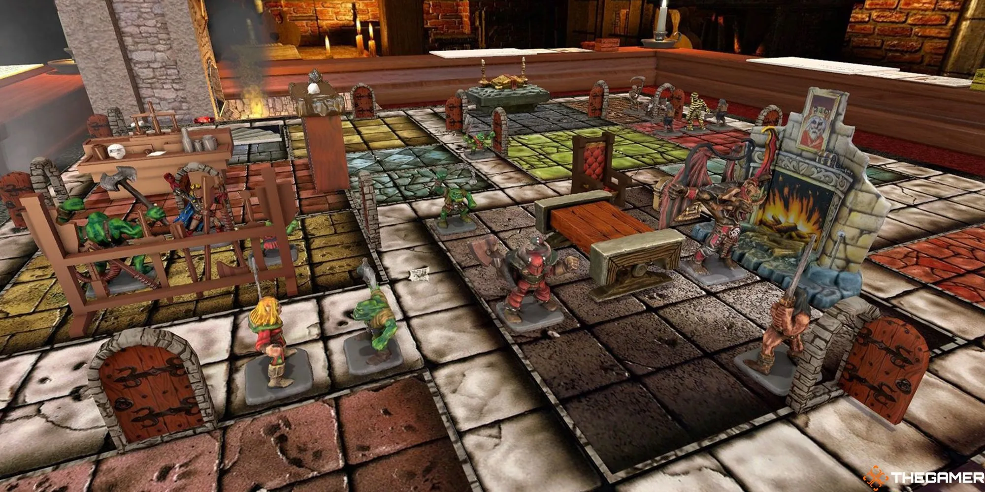 Các nhân vật anh hùng và quái vật trên bàn chơi HeroQuest, tái hiện không khí khám phá hầm ngục cổ điển.