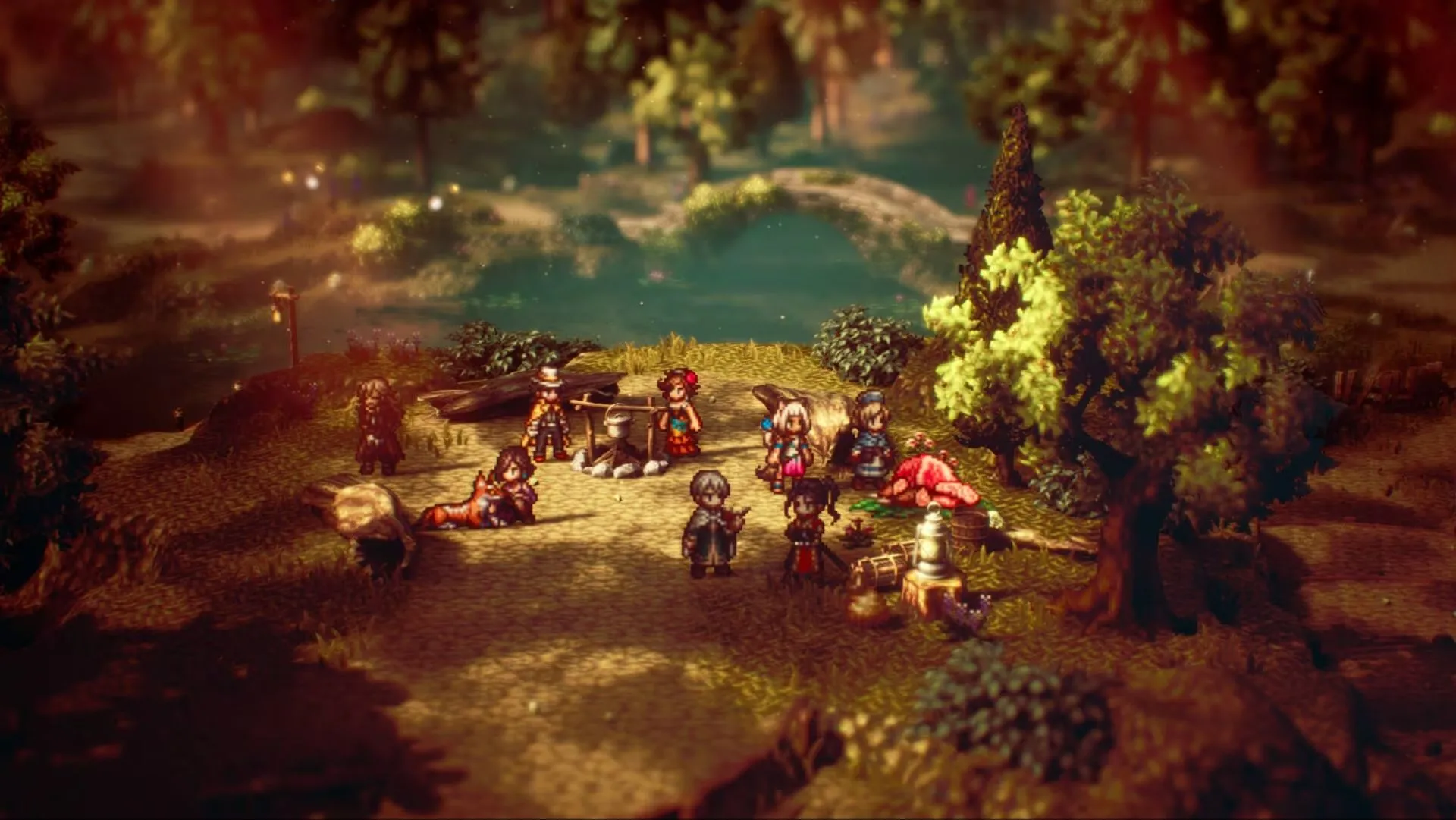 Đội hình các nhân vật trong Octopath Traveler 2, minh họa phong cách đồ họa HD-2D độc đáo của Square Enix.