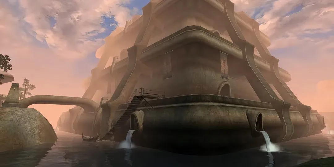 Dòng nước chảy quanh Thành phố Vivec trong Morrowind, một kiến trúc phi thường của người Dunmer.