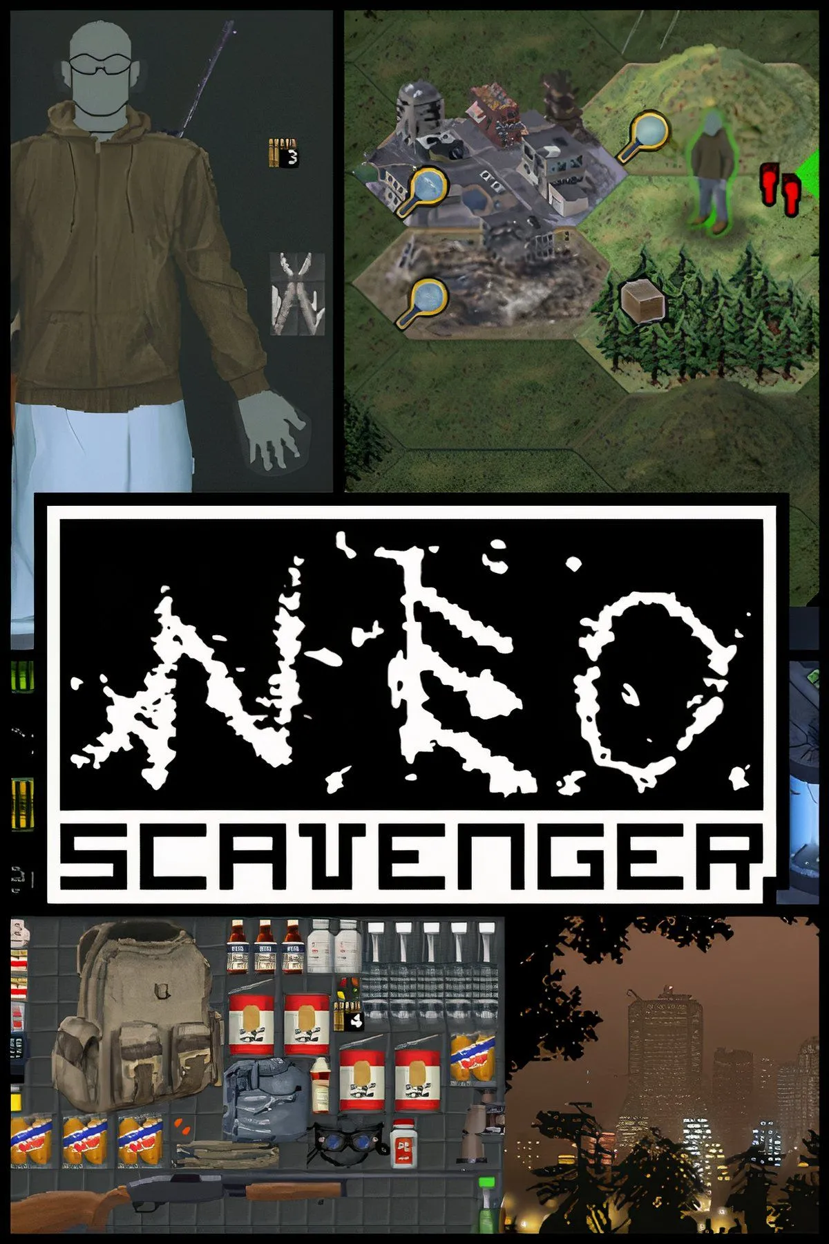 Giao diện game sinh tồn NEO Scavenger với các tùy chọn và chỉ số phức tạp, thể hiện sự khắc nghiệt của thế giới hậu tận thế.