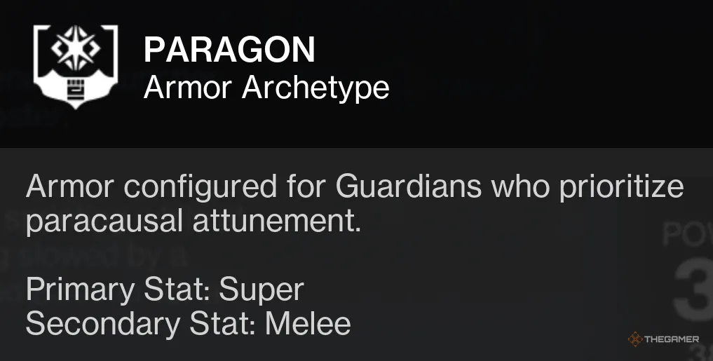 Giao diện hiển thị Armor Archetype Paragon trong Destiny 2, với sự phân bổ chỉ số Super và Melee là chính