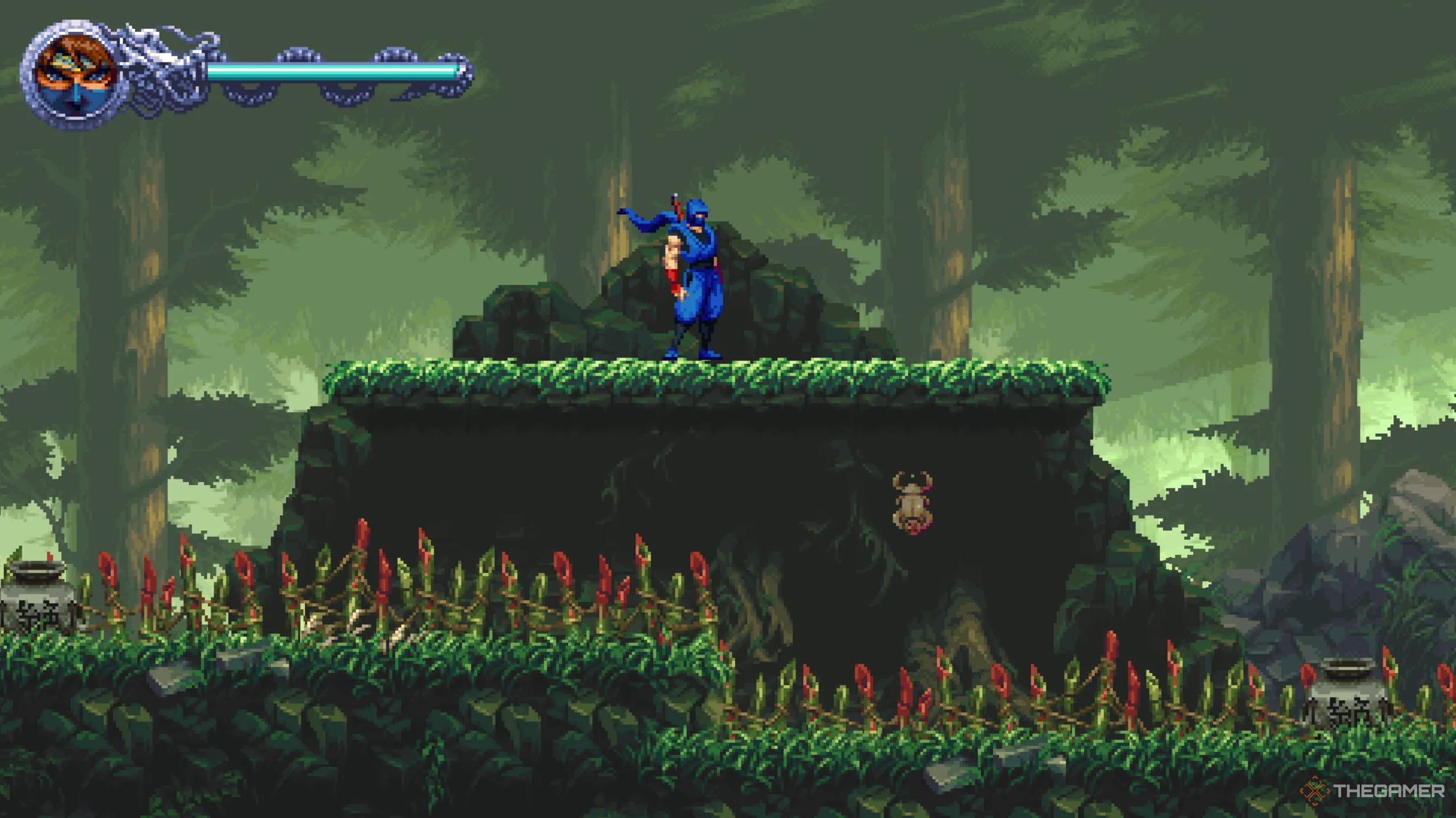 Golden Scarab đầu tiên của màn After the Demons!, nằm phía trên những chông nhọn sau khi leo cây trong Ninja Gaiden: Ragebound.