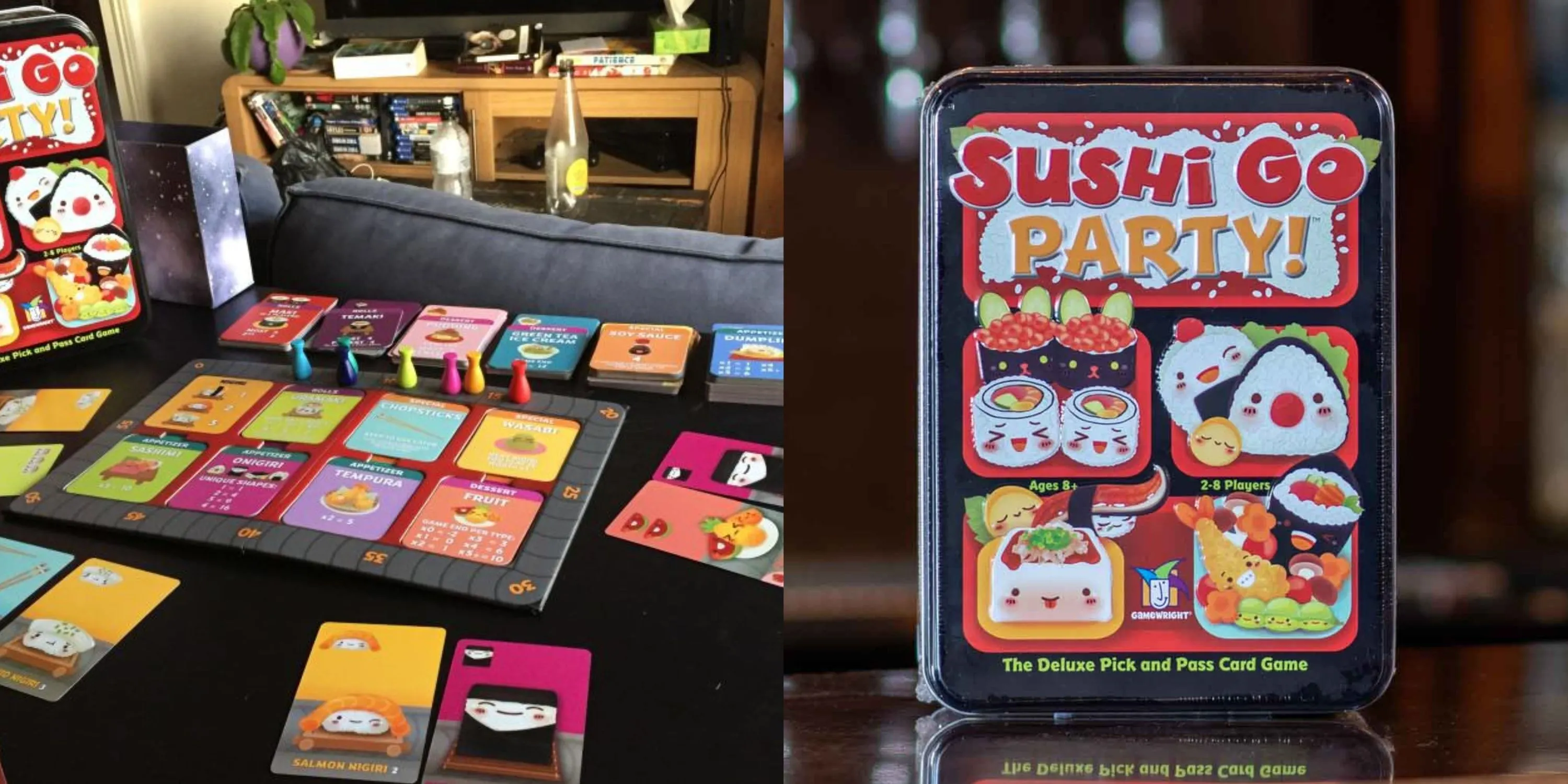 Hai khung hình cạnh nhau của game Sushi Go! Party, minh họa các thẻ bài sushi và cách người chơi thu thập để tính điểm.