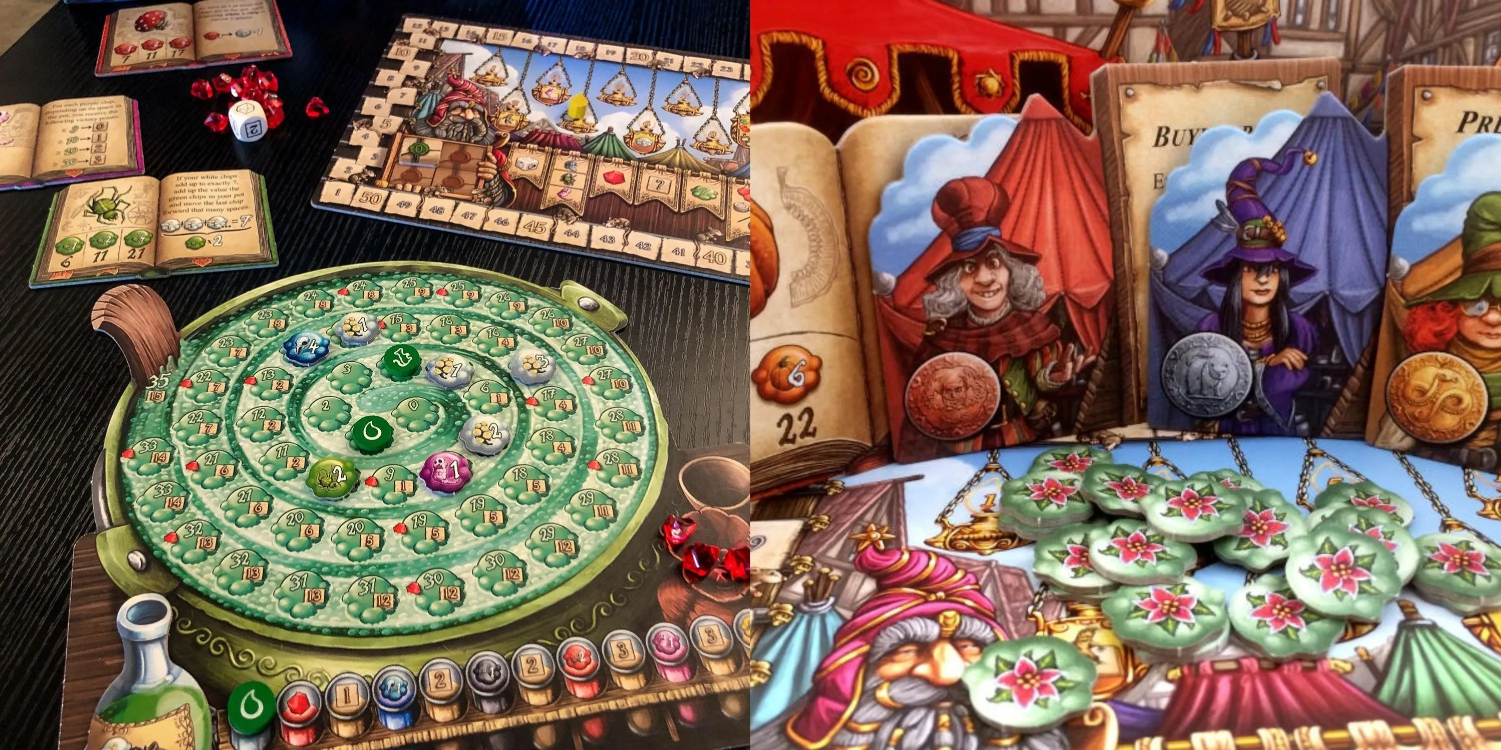 Hai khung hình liền kề của game Quacks of Quedlinburg, thể hiện các thành phần pha chế thuốc và nồi của người chơi.