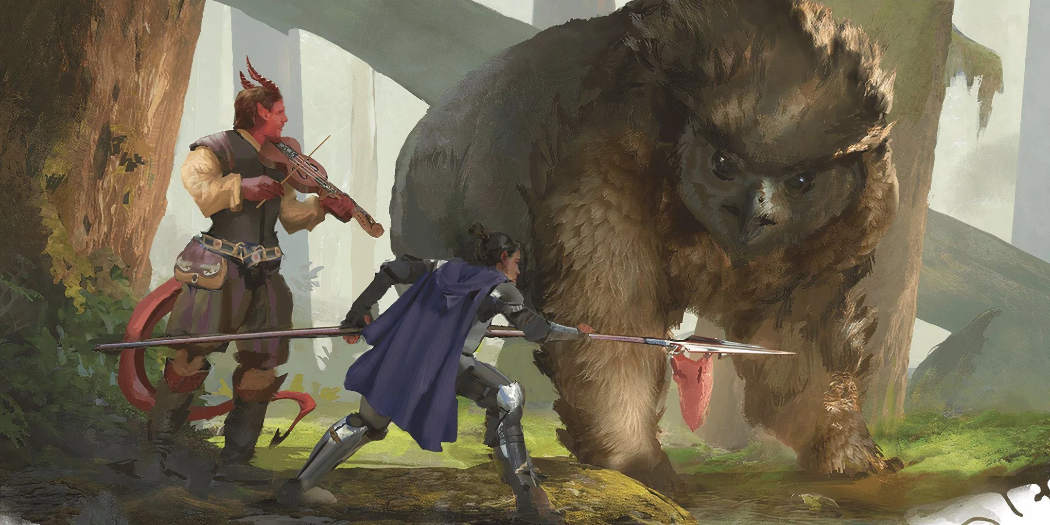 Hai nhà thám hiểm đang đàm phán với Owlbear trong D&amp;D, trong bối cảnh thức ăn khan hiếm.