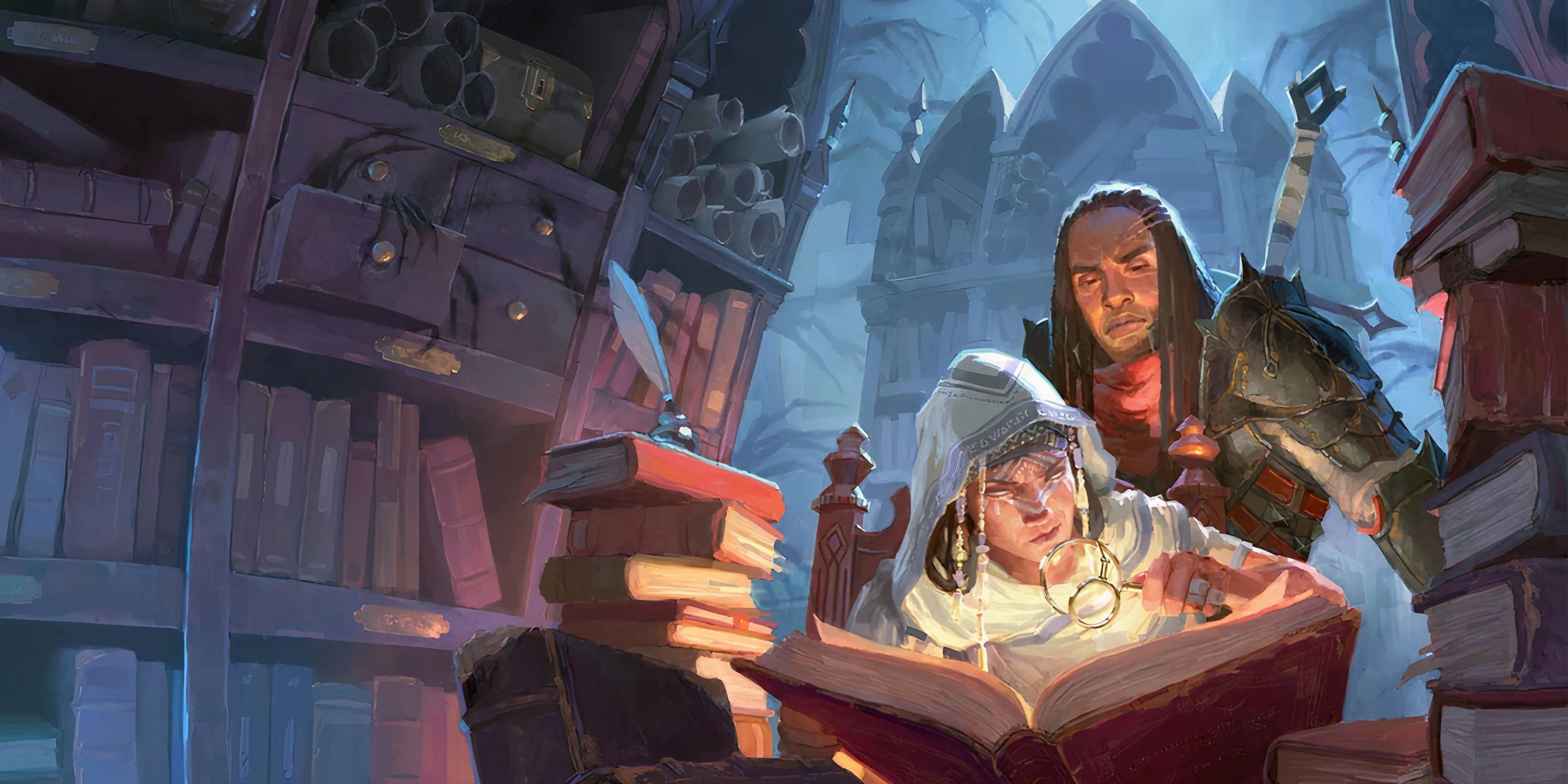 Hai pháp sư đang nghiên cứu một cuốn sách cổ trong thư viện tối tăm của Dungeons &amp; Dragons
