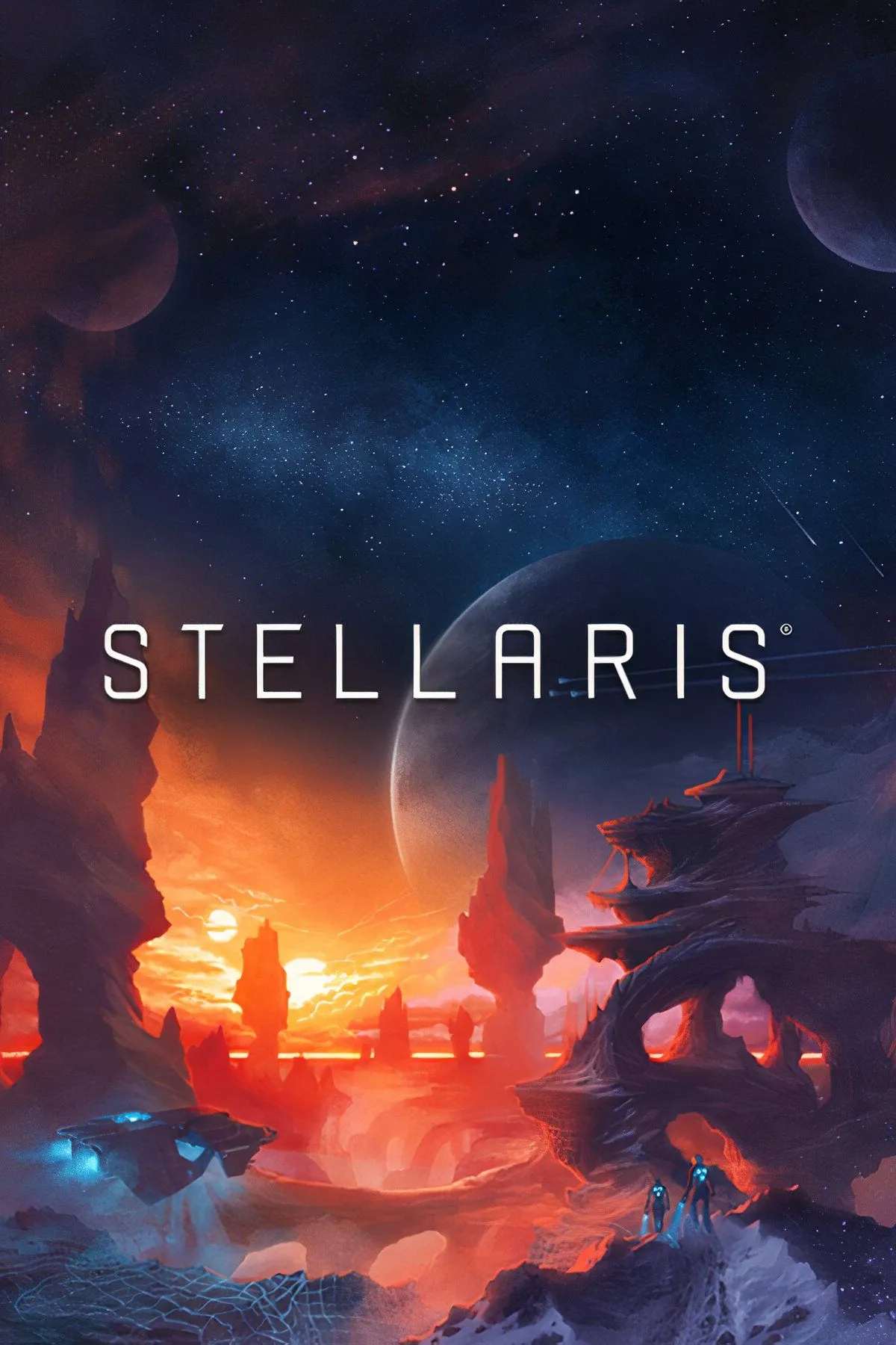 Hạm đội tàu không gian bay giữa các thiên hà trong Stellaris, thể hiện quy mô vũ trụ rộng lớn của game.