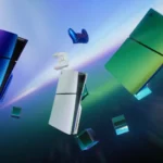 Hình ảnh concept PlayStation 6 màu xanh bạc và xanh lá lơ lửng giữa các khối lập phương, tượng trưng cho thế hệ console mới.