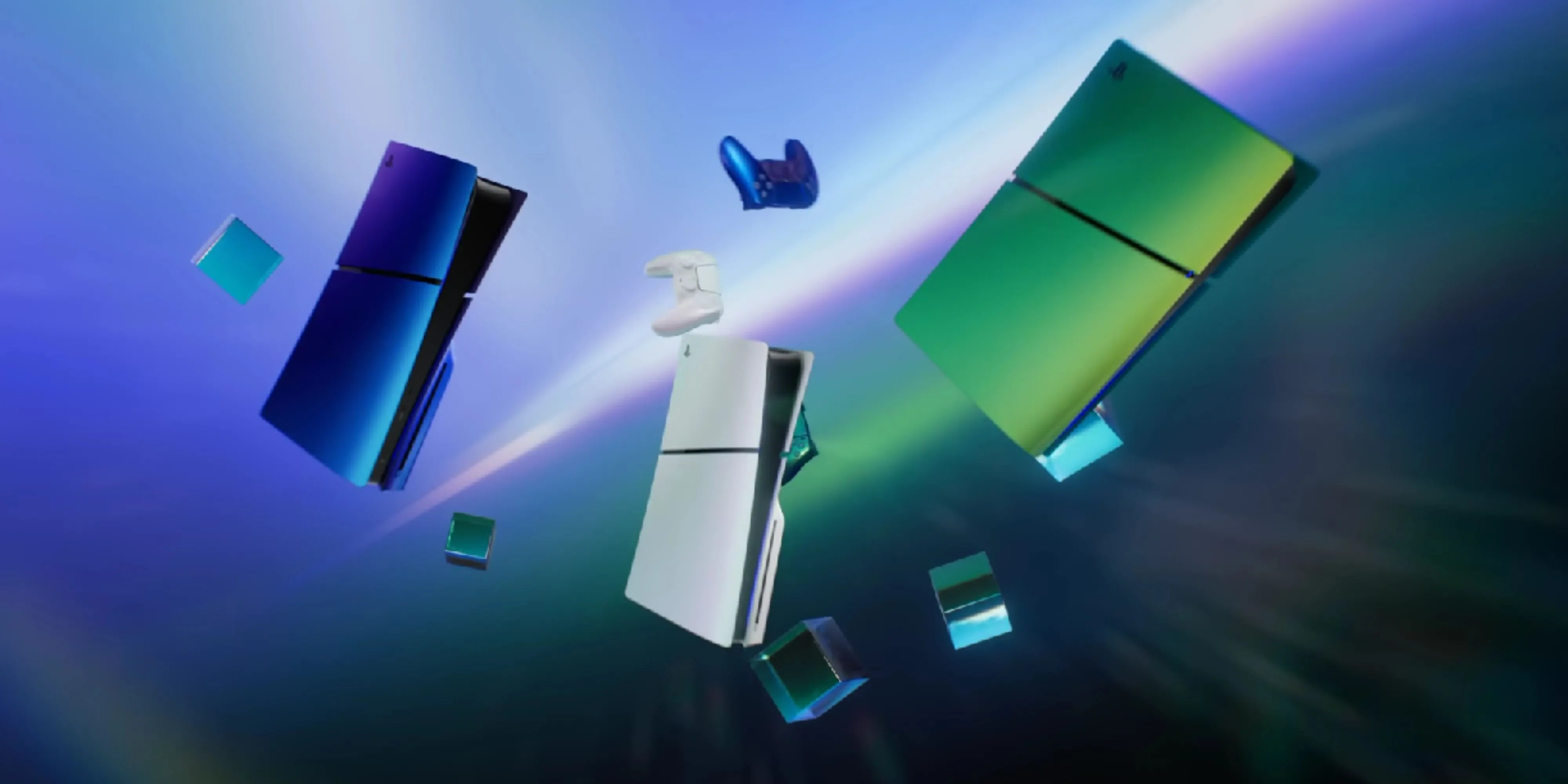 Hình ảnh concept PlayStation 6 màu xanh bạc và xanh lá lơ lửng giữa các khối lập phương, tượng trưng cho thế hệ console mới.
