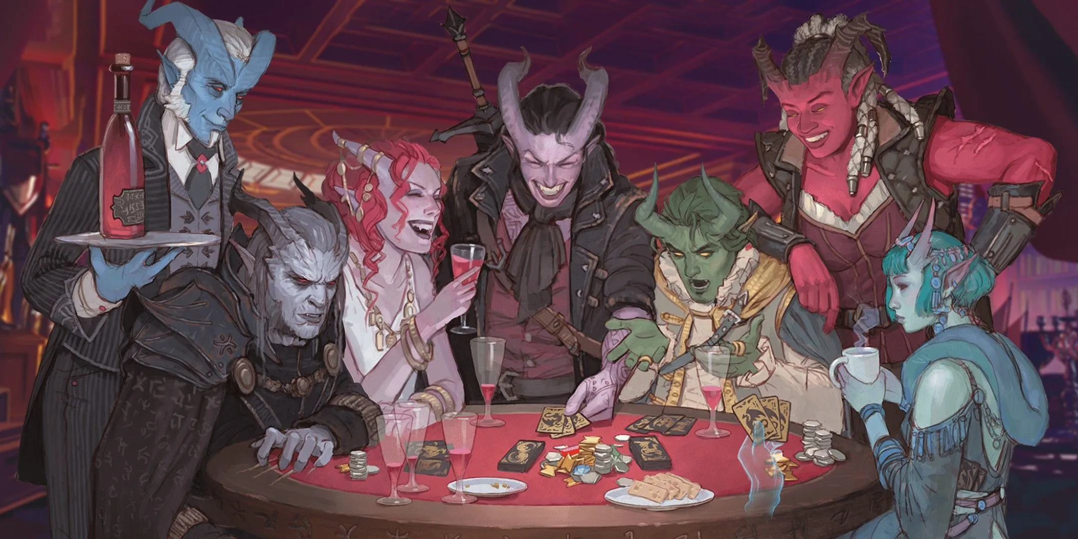 Hình ảnh Dungeons &amp; Dragons mô tả nhiều Tiefling đang chơi bài