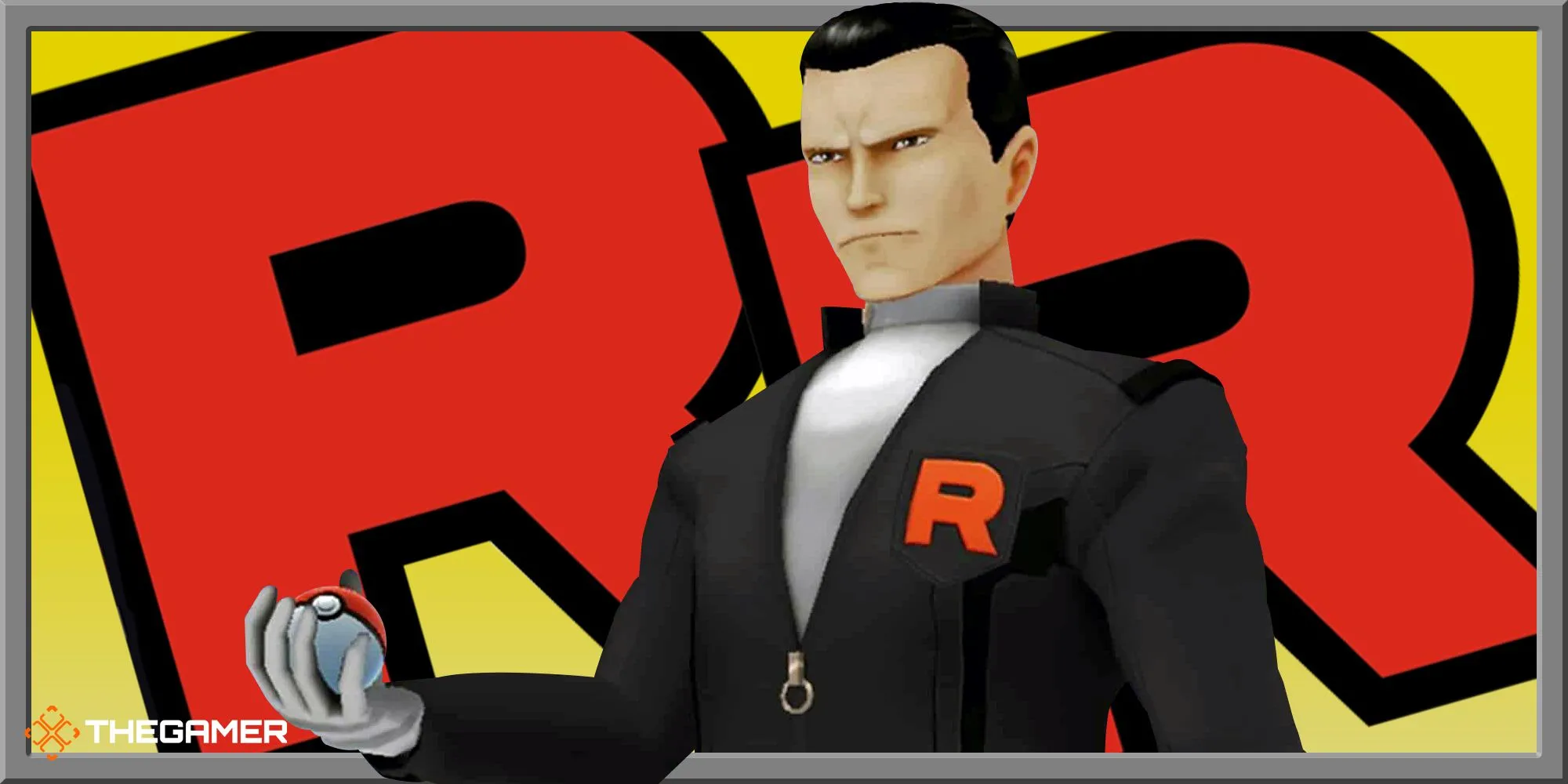 Hình ảnh Giovanni với biểu tượng Team Rocket trong Pokemon.