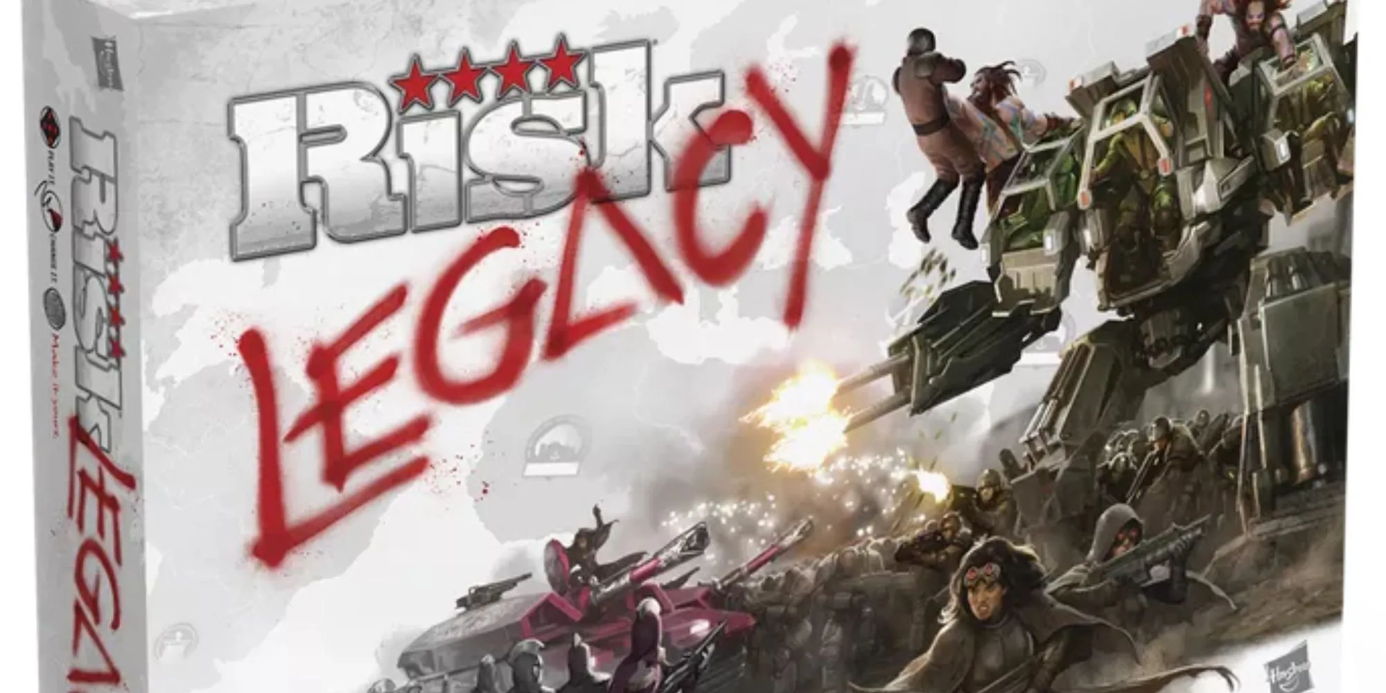 Hộp game Risk Legacy với hình ảnh người máy phá hủy binh lính, thể hiện tính chất chiến tranh khốc liệt.