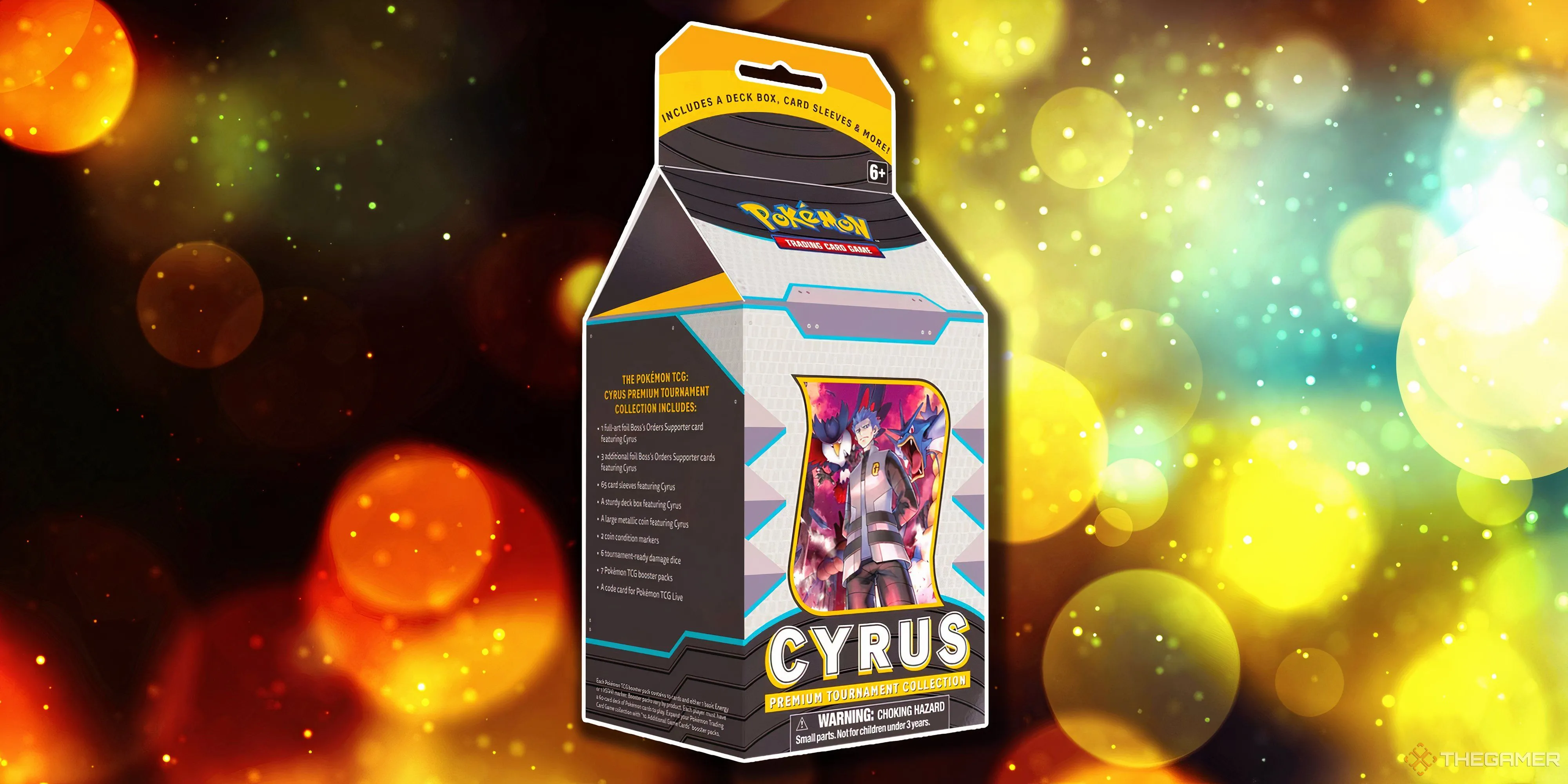 Hộp Premium Tournament Collection Pokemon TCG Cyrus, minh họa nhân vật phản diện và thẻ bài đi kèm