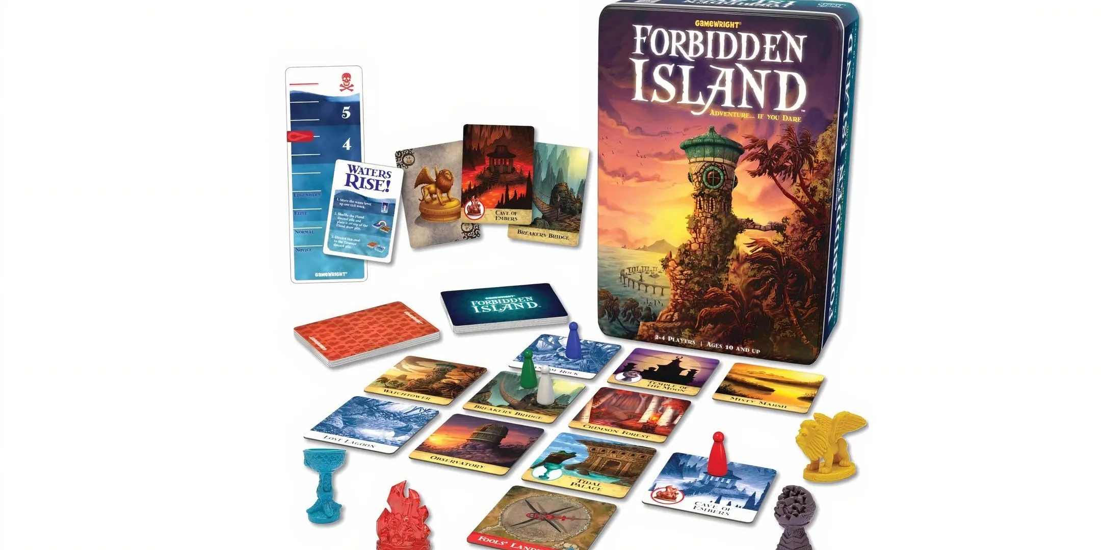 Hộp và các thành phần của board game Forbidden Island, thể hiện lối chơi khám phá đảo chìm.