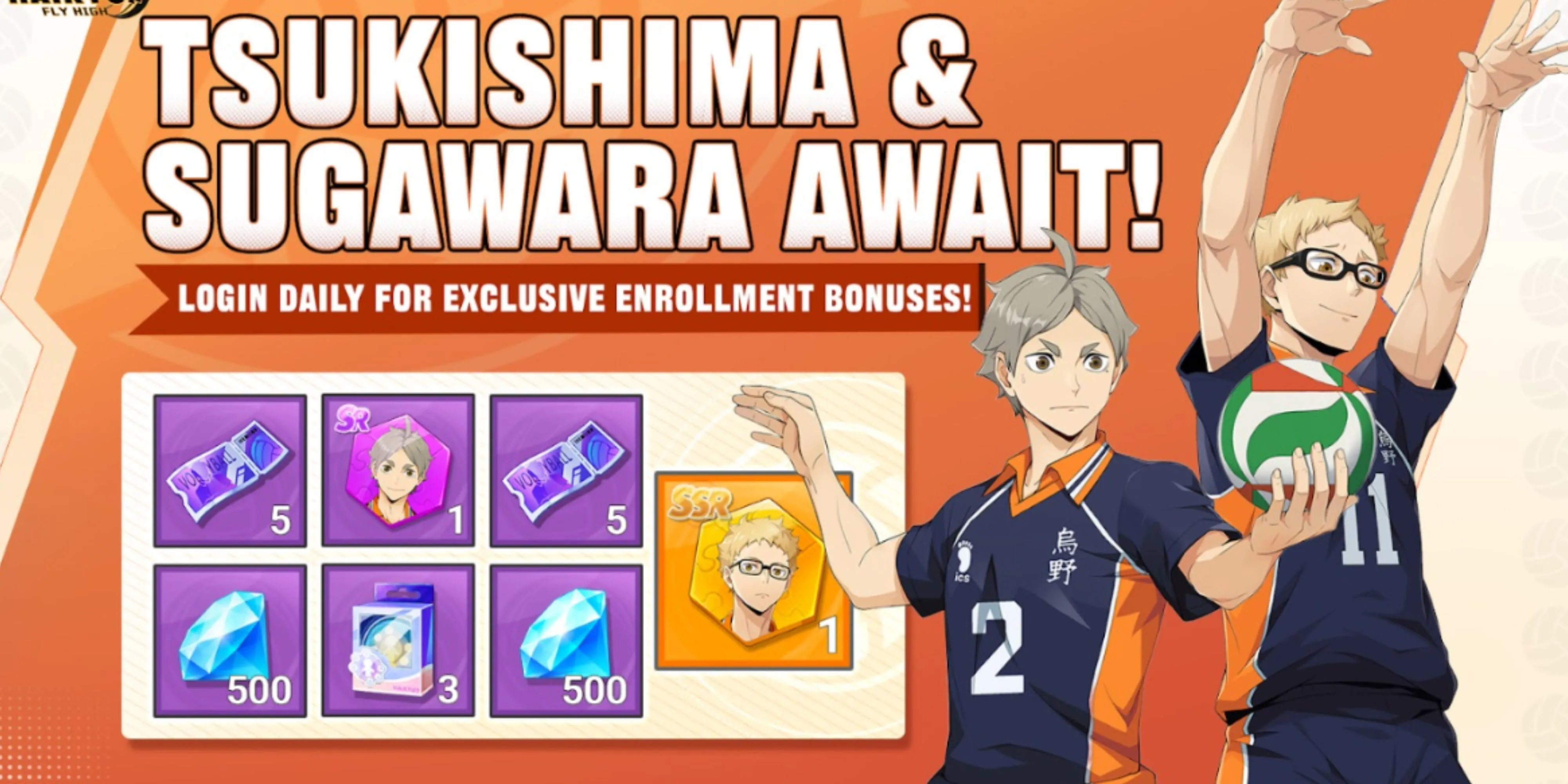 Kei Tsukishima và Koshi Sugawara trong game Haikyuu Fly High