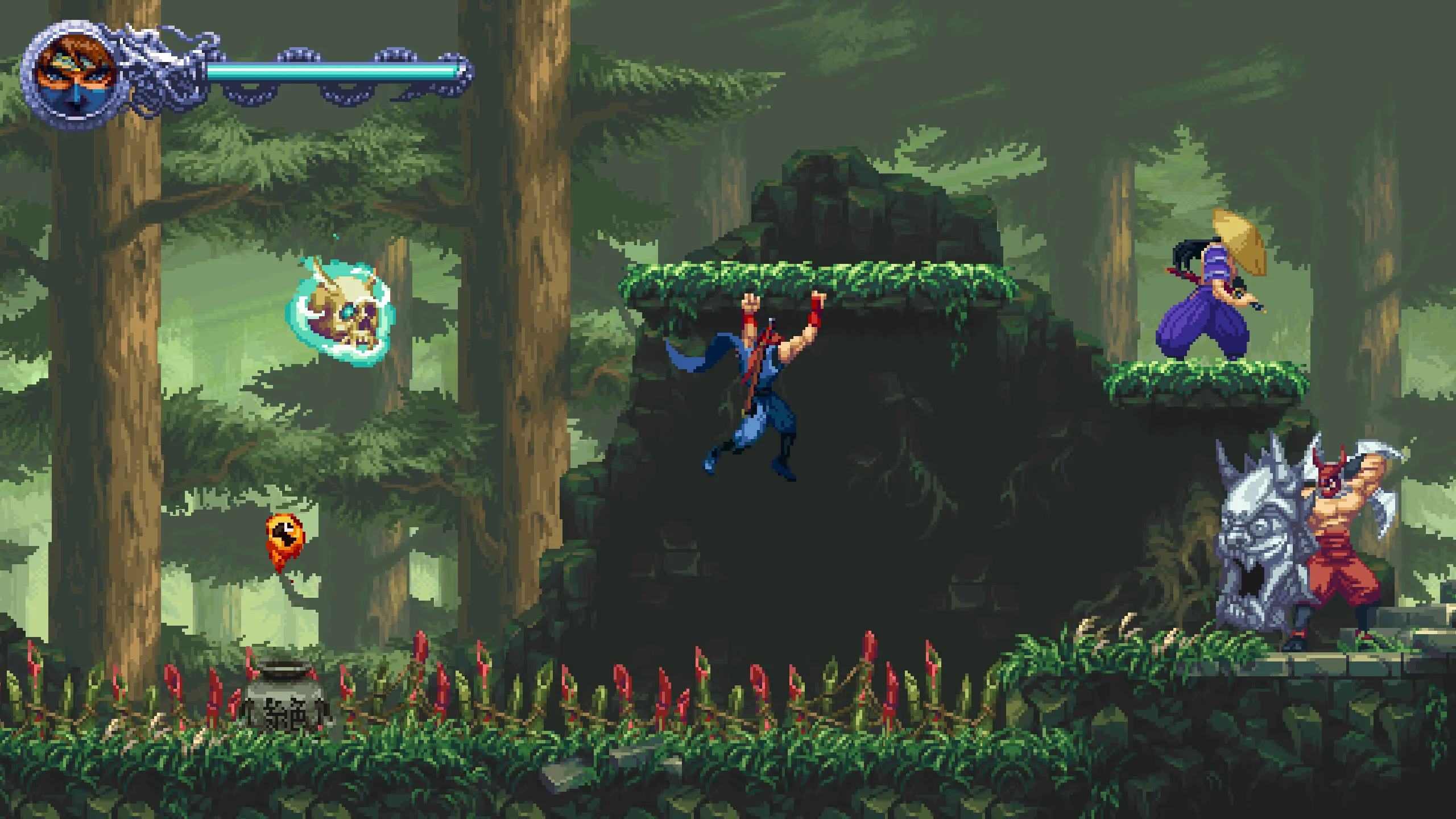 Kenji đang leo trèo trong khu rừng bí ẩn của Ninja Gaiden: Ragebound, thể hiện khả năng di chuyển linh hoạt và môi trường game được thiết kế tinh xảo