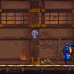 Kenji Hayabusa đứng cạnh một Crystal Skull phát sáng trong Ninja Gaiden Ragebound, biểu tượng vật phẩm sưu tầm quý hiếm.