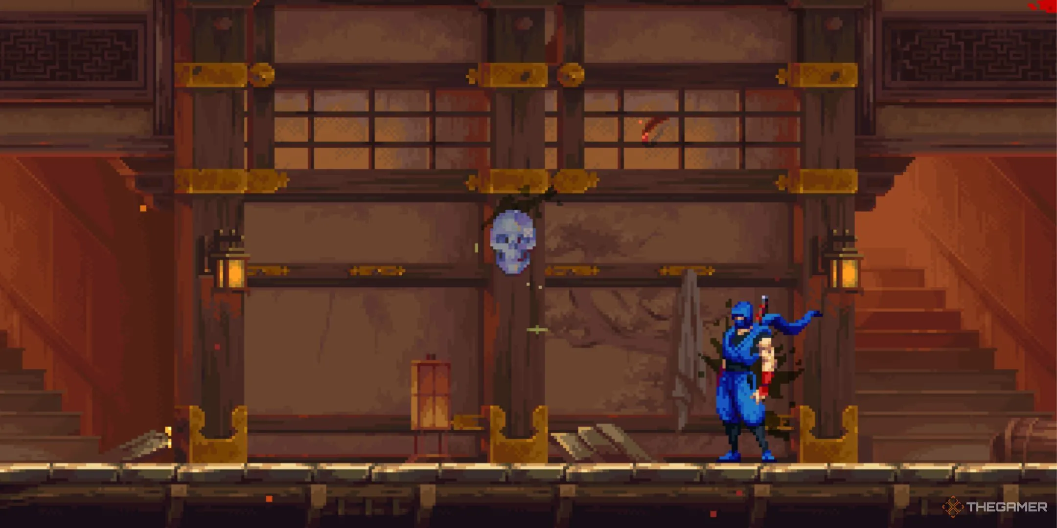 Kenji Hayabusa đứng cạnh một Crystal Skull phát sáng trong Ninja Gaiden Ragebound, biểu tượng vật phẩm sưu tầm quý hiếm.