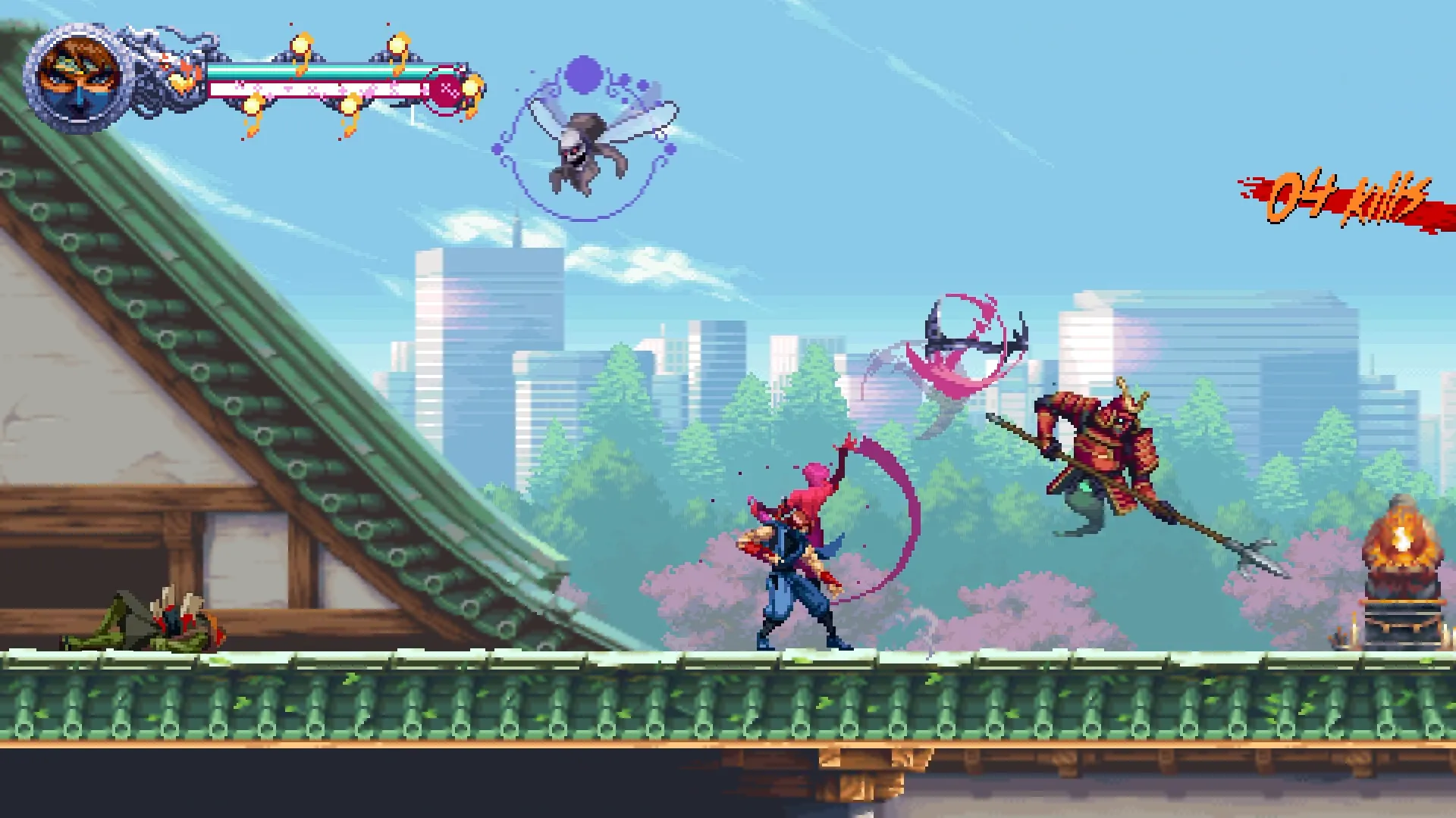 Kenji và Kumori chiến đấu cùng nhau trong Ninja Gaiden: Ragebound, thể hiện sự phối hợp nhịp nhàng của hai nhân vật mới và phong cách hành động máu lửa