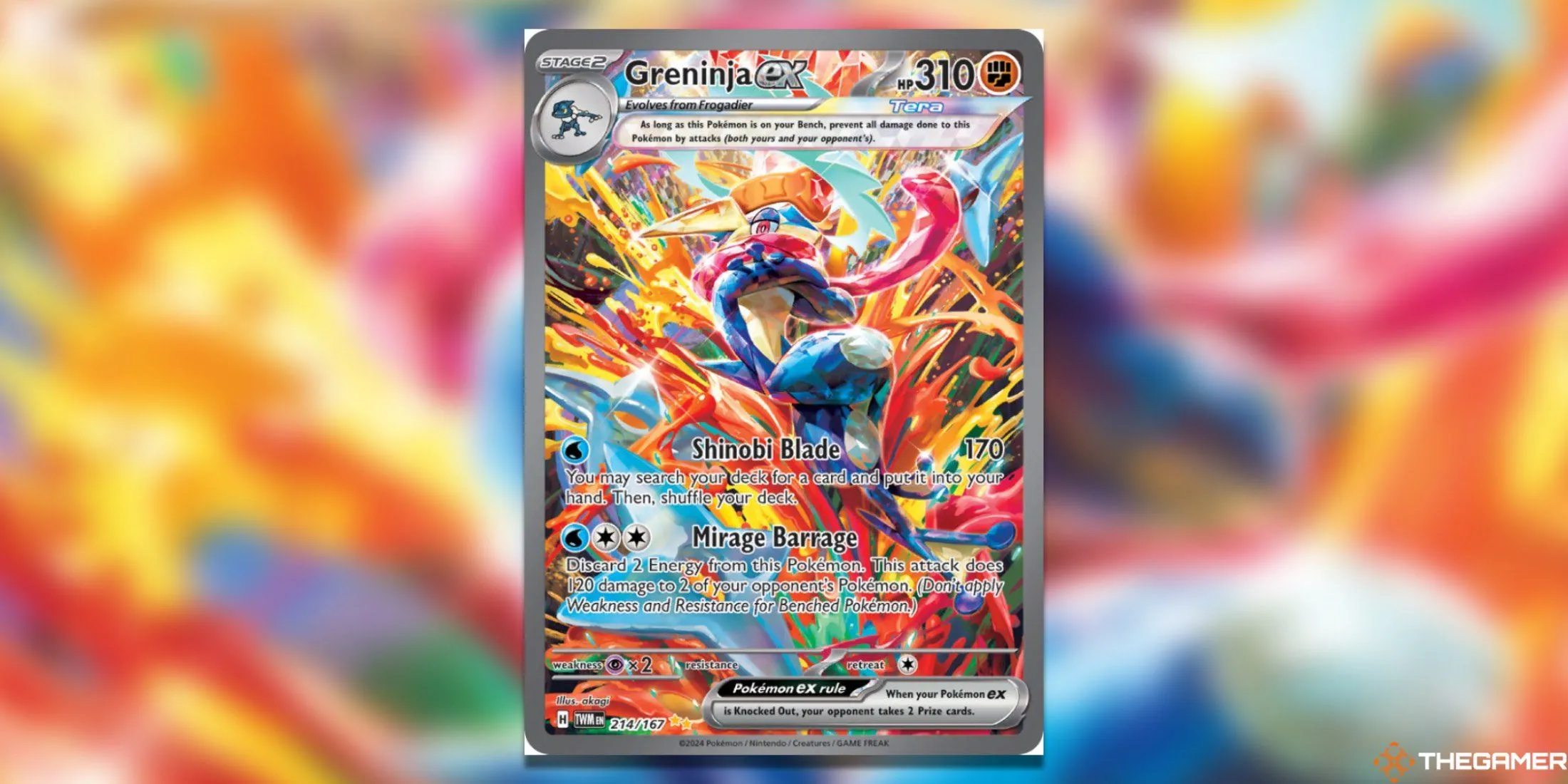 Lá bài Greninja ex Special Illustration Rare từ set Twilight Masquerade, với màu sắc tươi sáng ấn tượng.