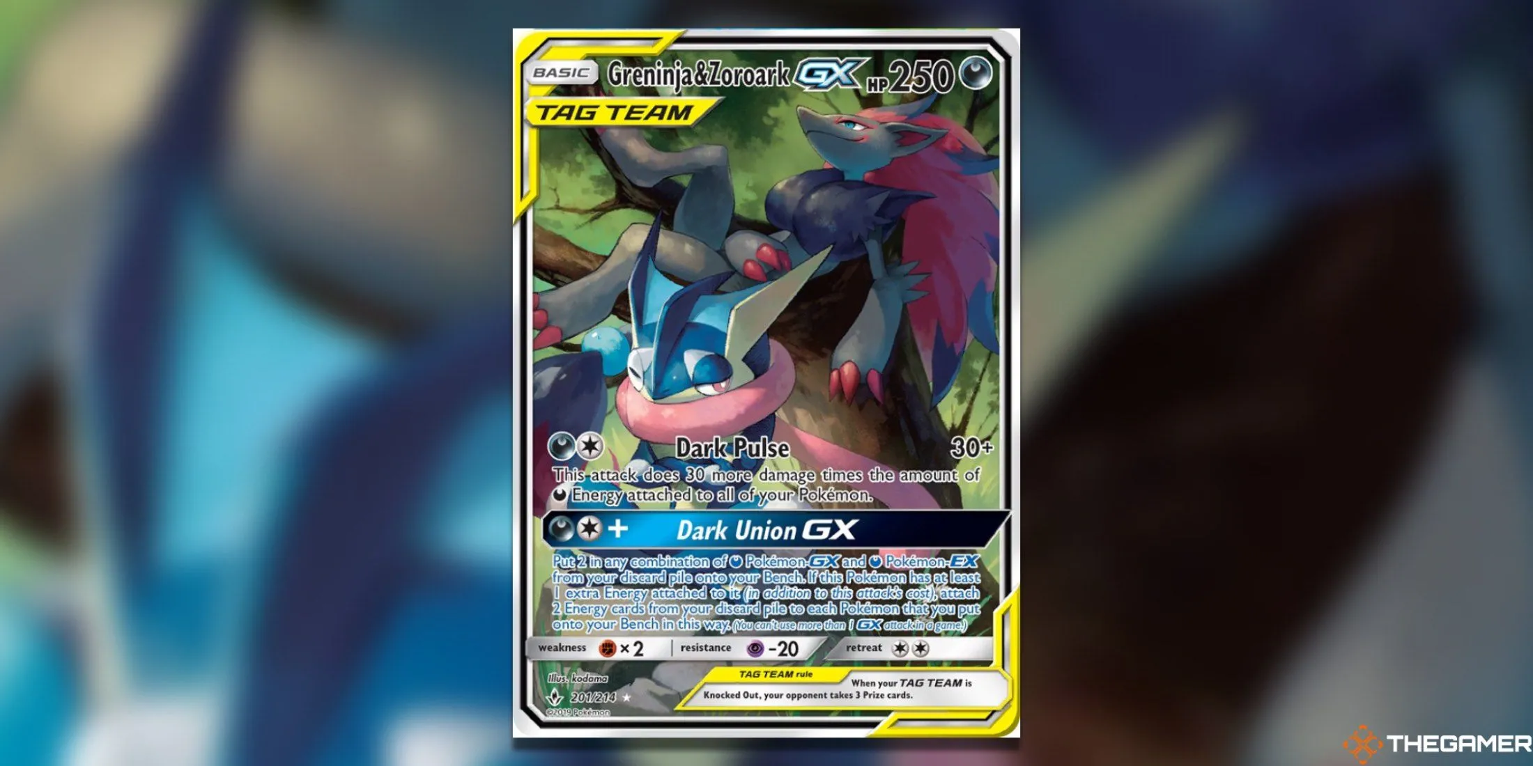Lá bài Greninja &amp; Zoroark GX Alternate Full Art từ set Unbroken Bonds, minh họa sức mạnh của bộ đôi.