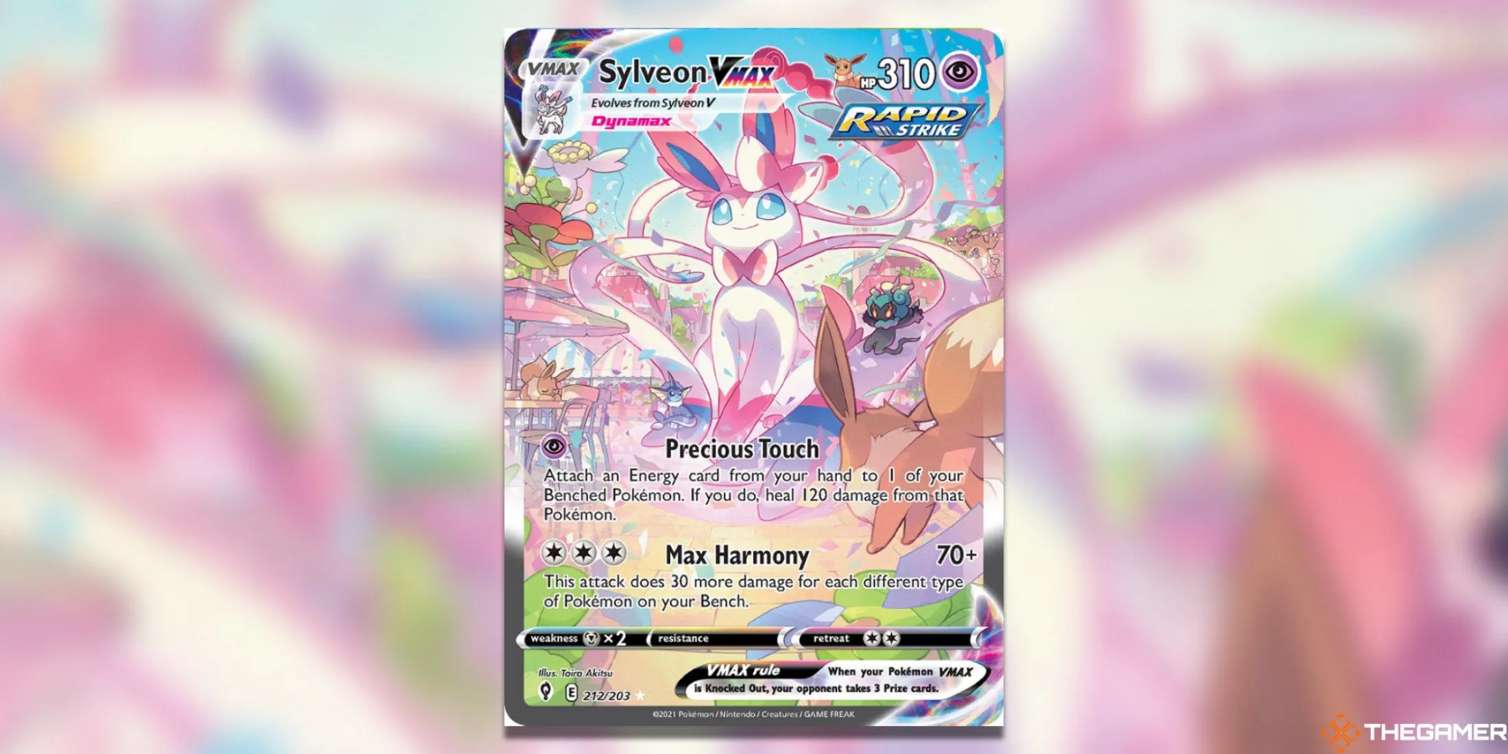 Lá bài Sylveon VMAX Alternate Art Secret từ set Evolving Skies, với nhiều Pokemon nhỏ xung quanh.