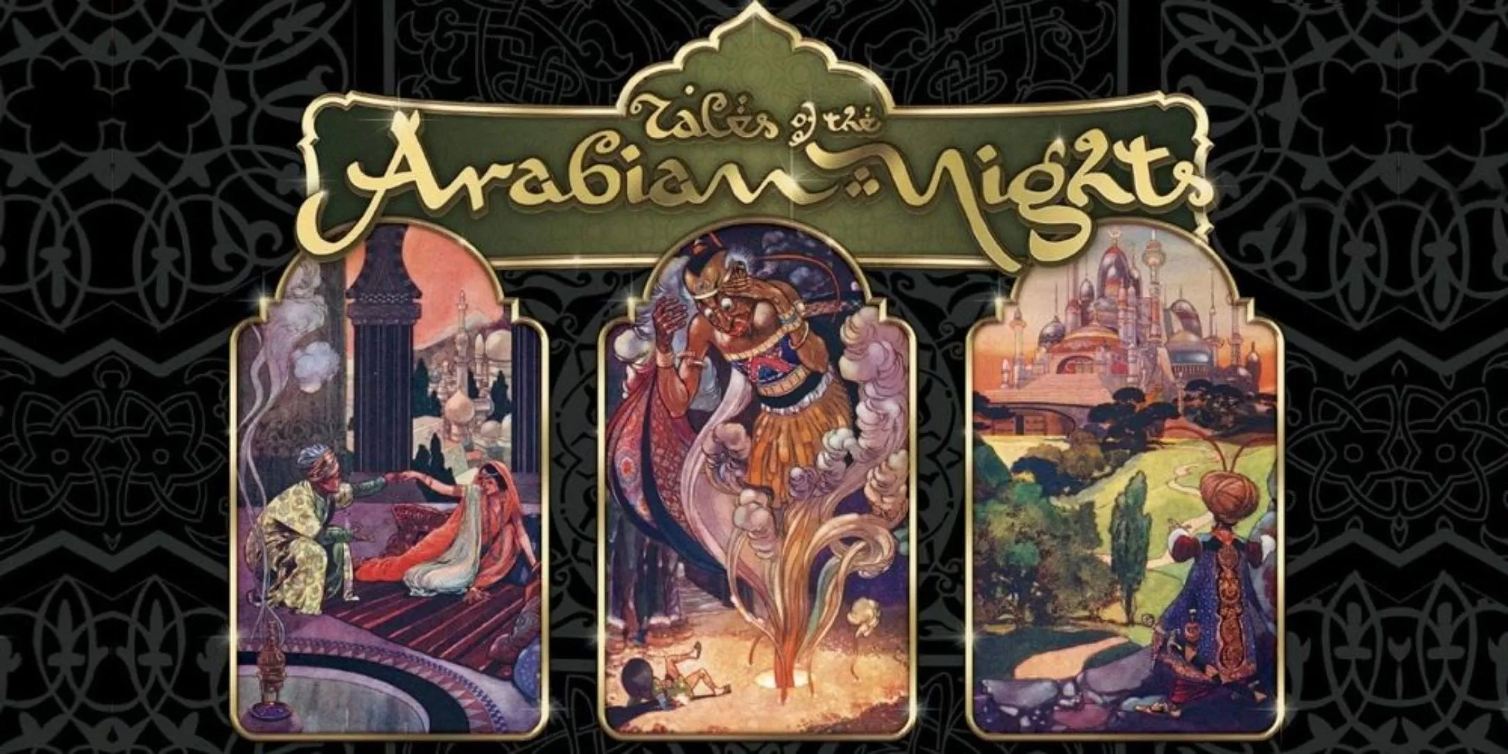 Minh họa bìa hộp Tales Of The Arabian Nights với các cảnh tượng huyền ảo từ truyện Nghìn Lẻ Một Đêm.