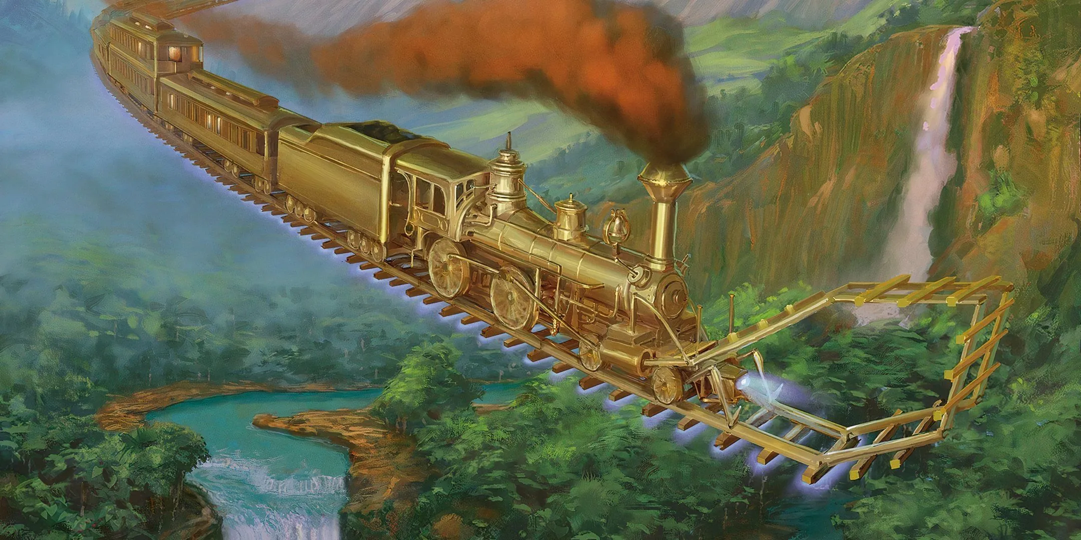 Một đoàn tàu vàng lơ lửng bay qua bầu trời trong D&amp;D, tượng trưng cho việc DM 'railroad' người chơi theo một lộ trình cố định.
