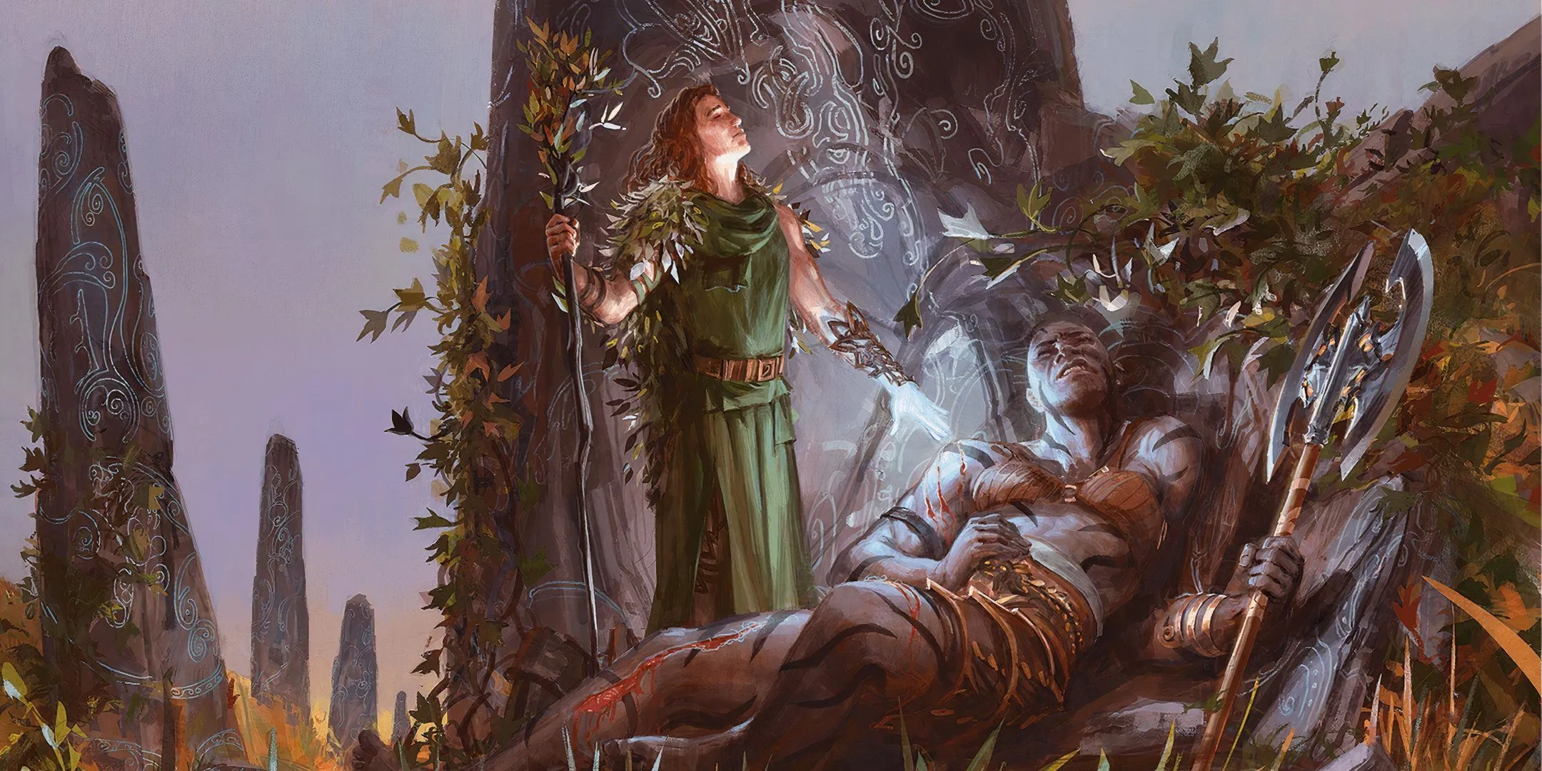 Một druid đang thi triển phép Lesser Restoration lên chiến binh bị ngã trong Dungeons &amp; Dragons, minh họa cho quy tắc không hồi sinh.