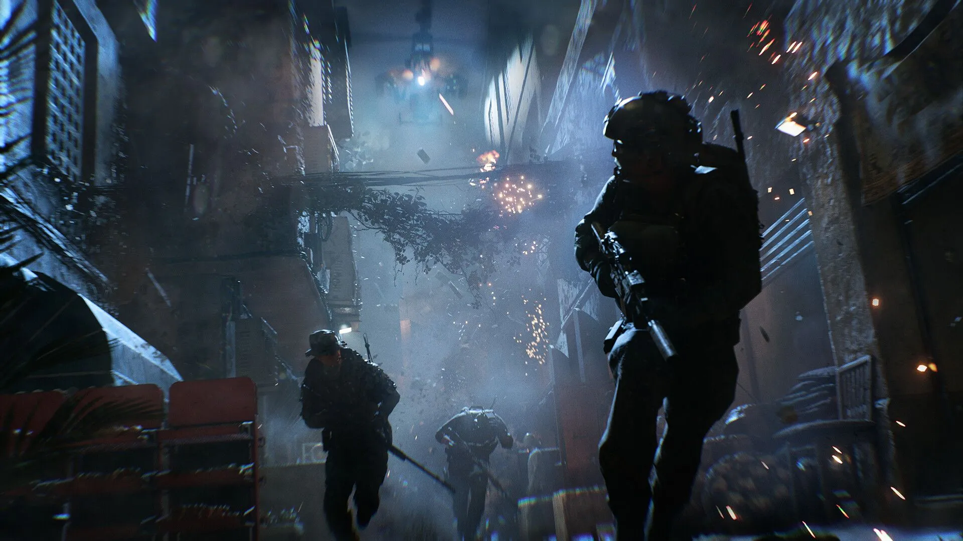 Một nhóm binh lính chạy trốn khỏi một chiếc trực thăng tấn công trong Battlefield 6.