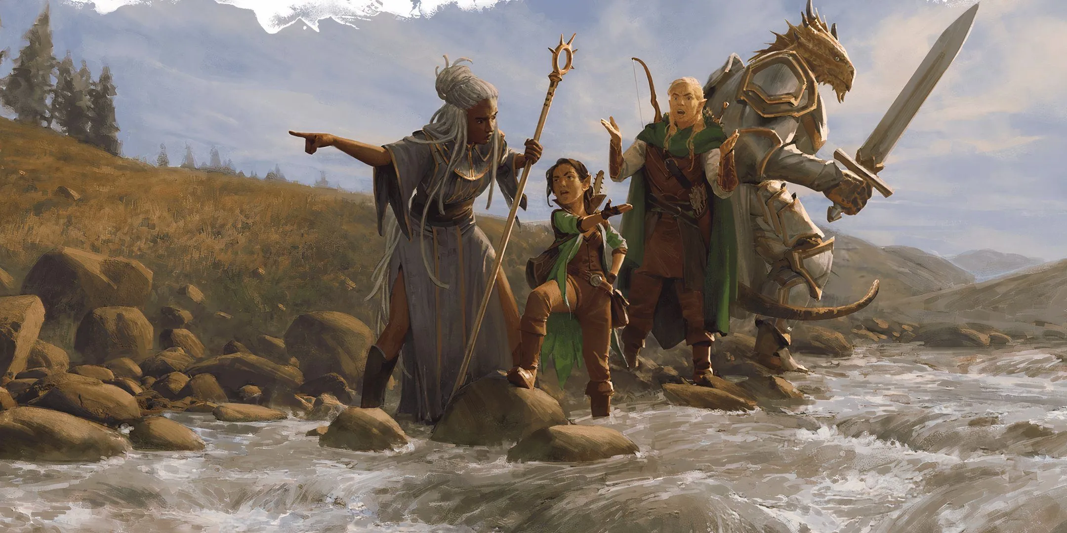 Một nhóm phiêu lưu gồm Dragonborn, Elf, Gnome và người đang vượt sông trong D&amp;D