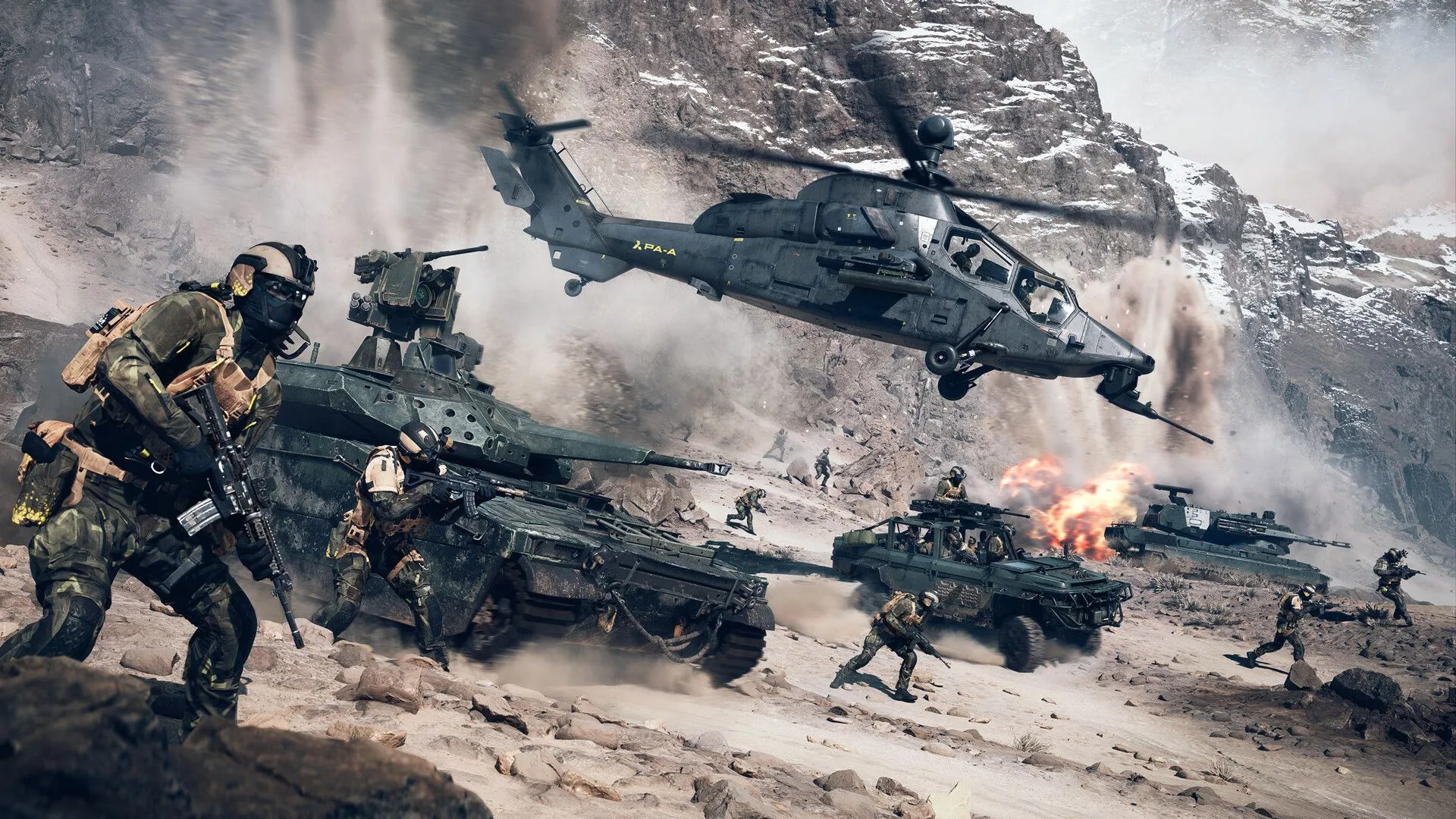Một trung đội binh lính và phương tiện sẵn sàng tấn công trong Battlefield 6.