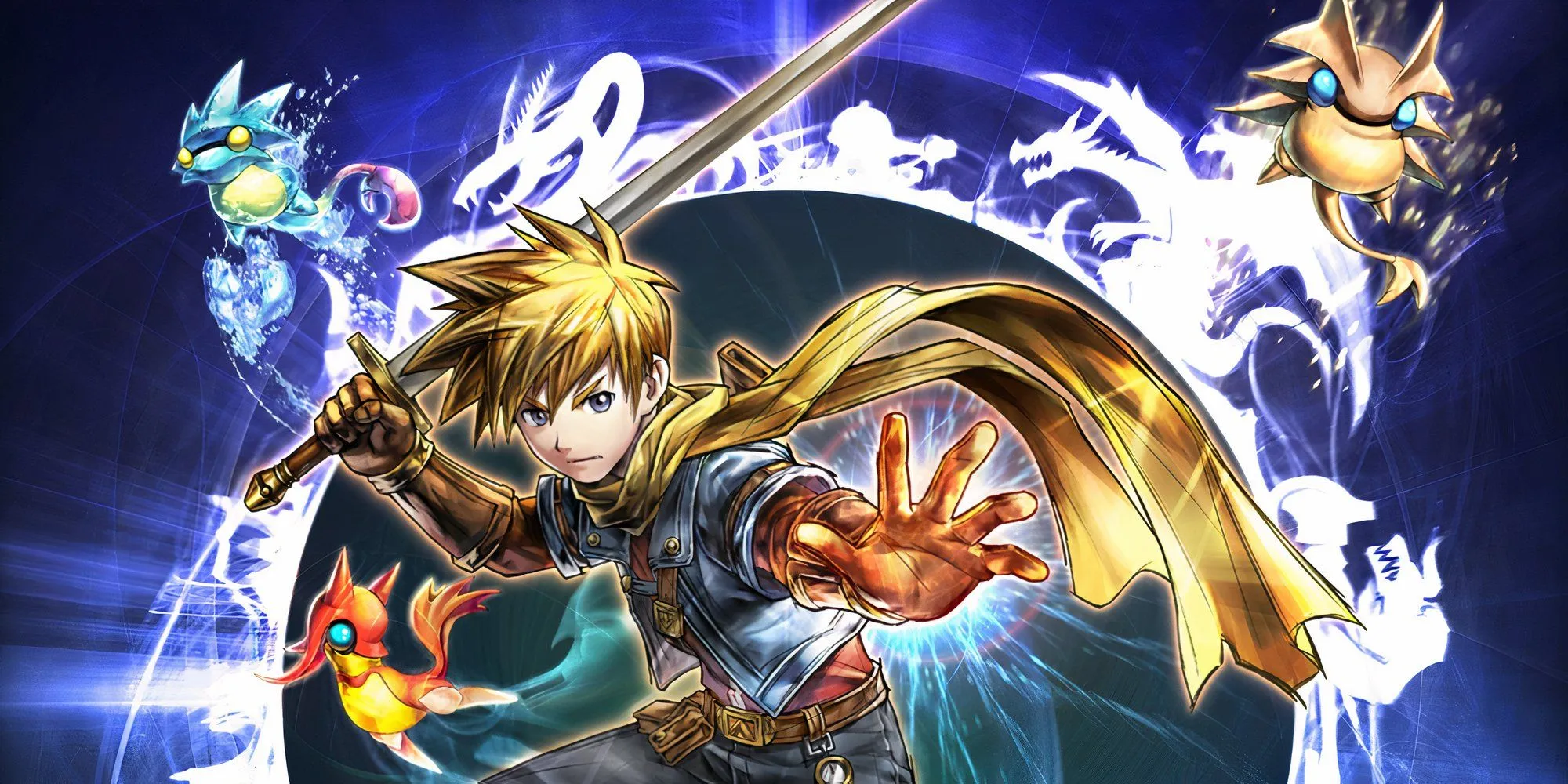 Nghệ thuật quảng bá miêu tả các nhân vật của Golden Sun: Dark Dawn trong tư thế hành động.