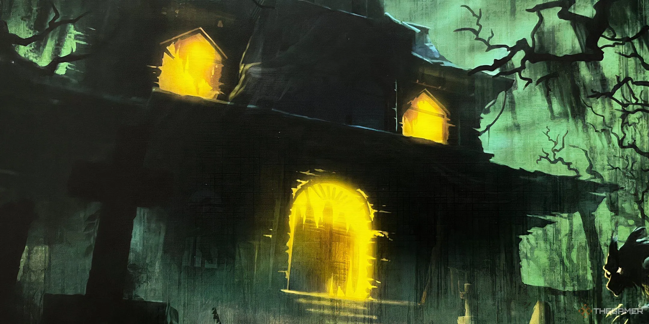 Ngôi nhà có hình dáng người bí ẩn trong game kinh dị Betrayal at House on the Hill, tượng trưng cho những bí mật bên trong.