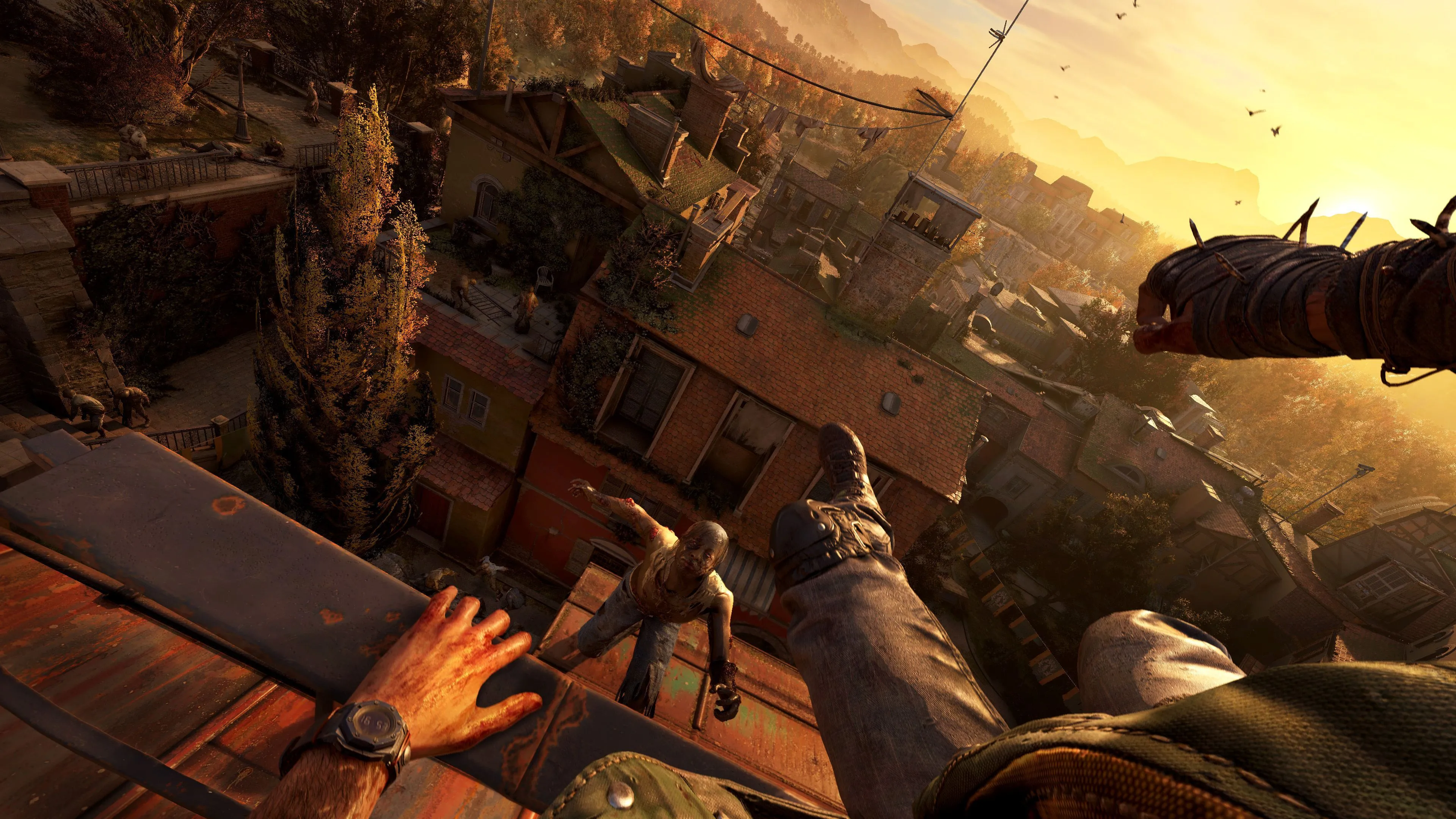 Người chơi Dying Light The Beast nhảy từ mái nhà xuống đối mặt với một nhóm zombie, thể hiện kỹ năng parkour linh hoạt trong môi trường nông thôn mới.