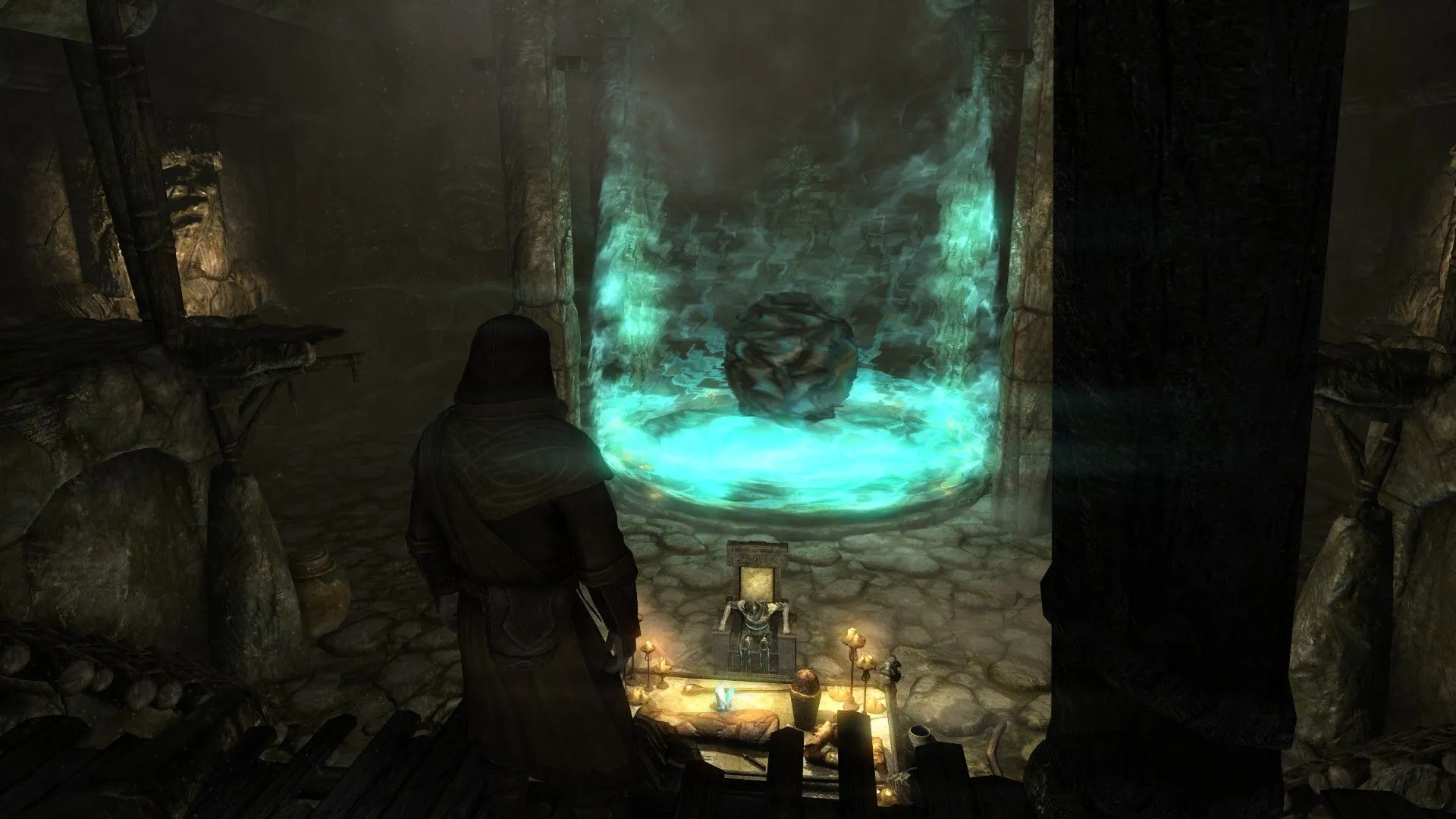 Người đàn ông nhìn vào cấu trúc ma thuật khổng lồ, bối cảnh nhiệm vụ Forbidden Legend