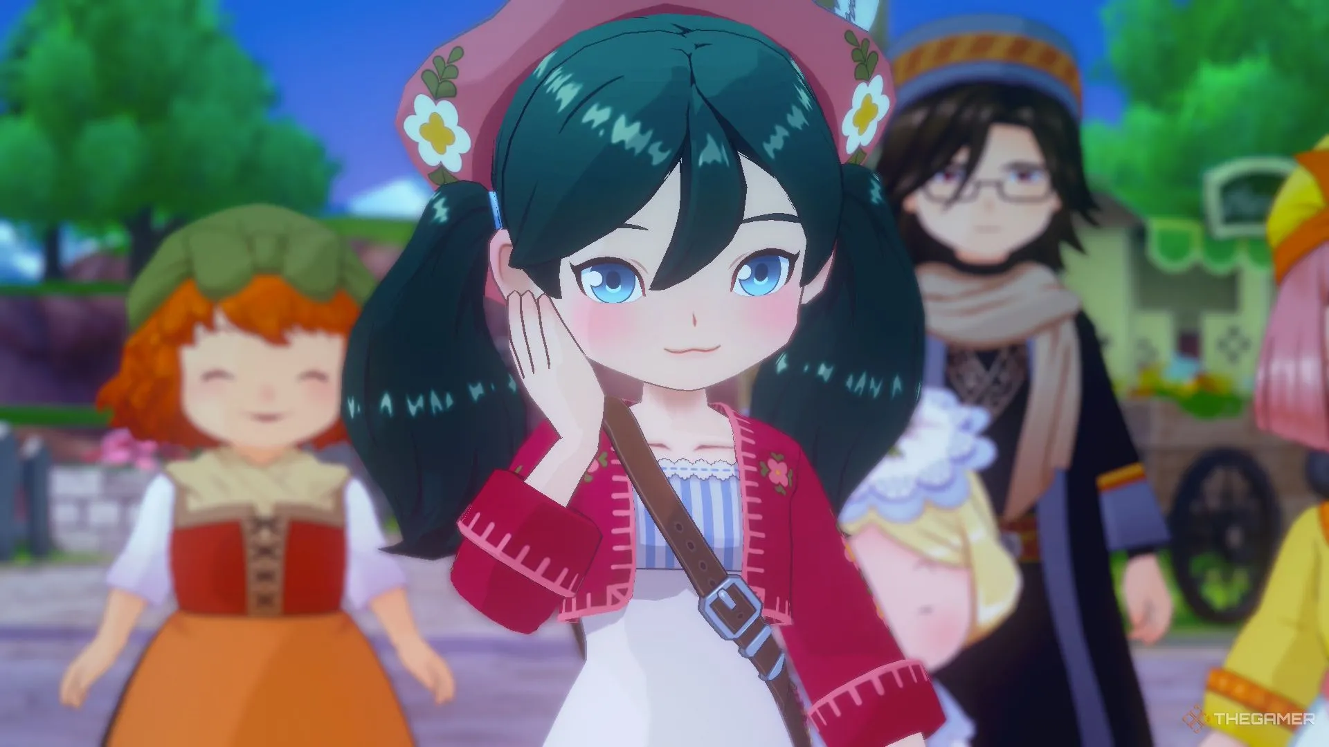 Nhân vật chính đỏ mặt trong Story of Seasons: Grand Bazaar, minh họa khía cạnh mô phỏng đời sống và tương tác xã hội.