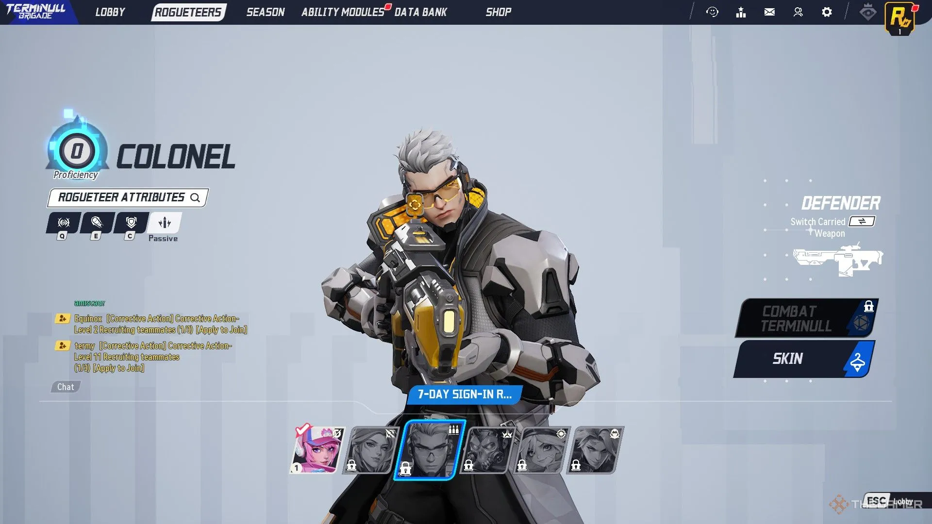 Nhân vật Colonel với khẩu súng trong sảnh chờ của game Terminull Brigade.